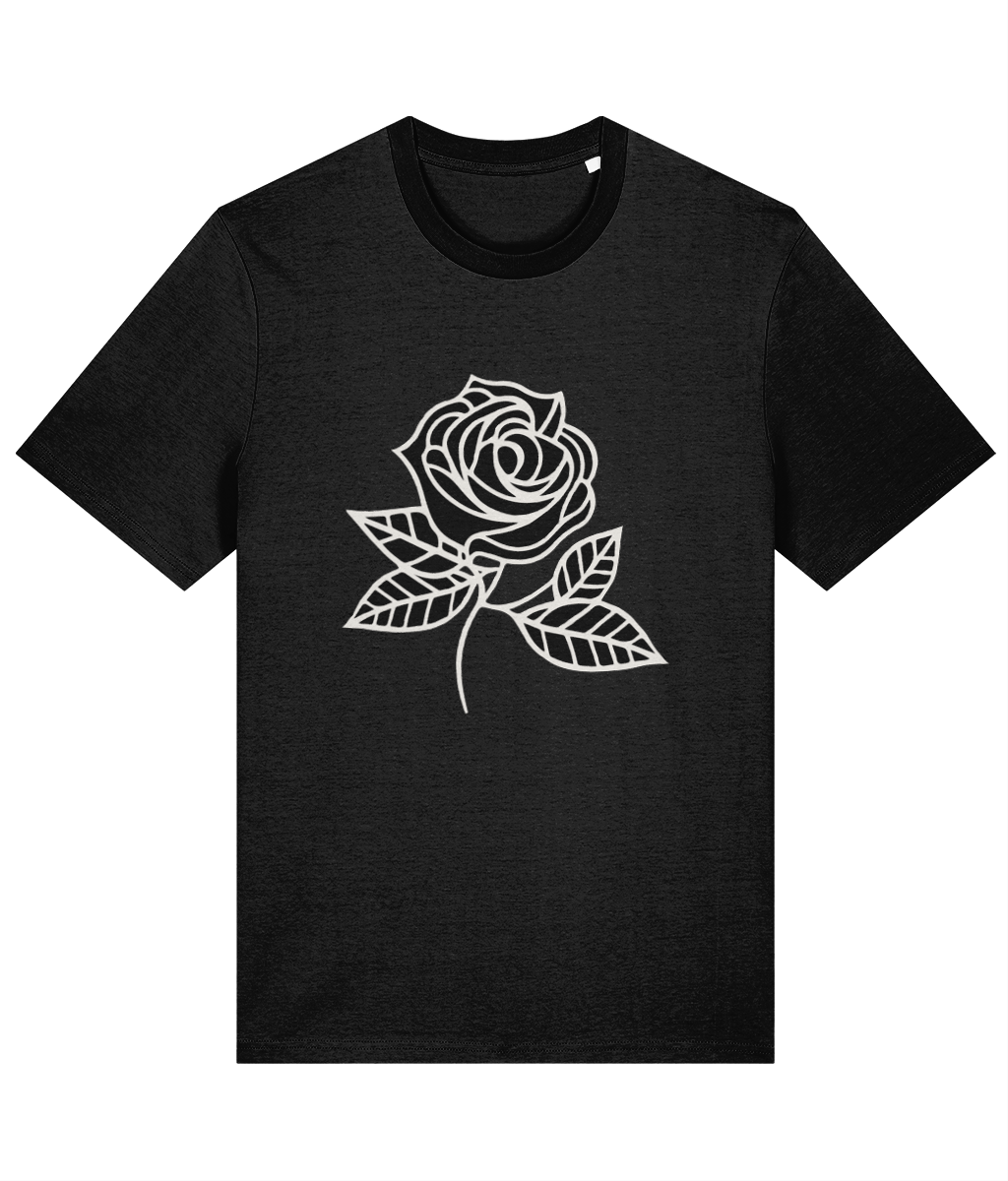 Black T-shirt with Rose Design | Organic Cotton