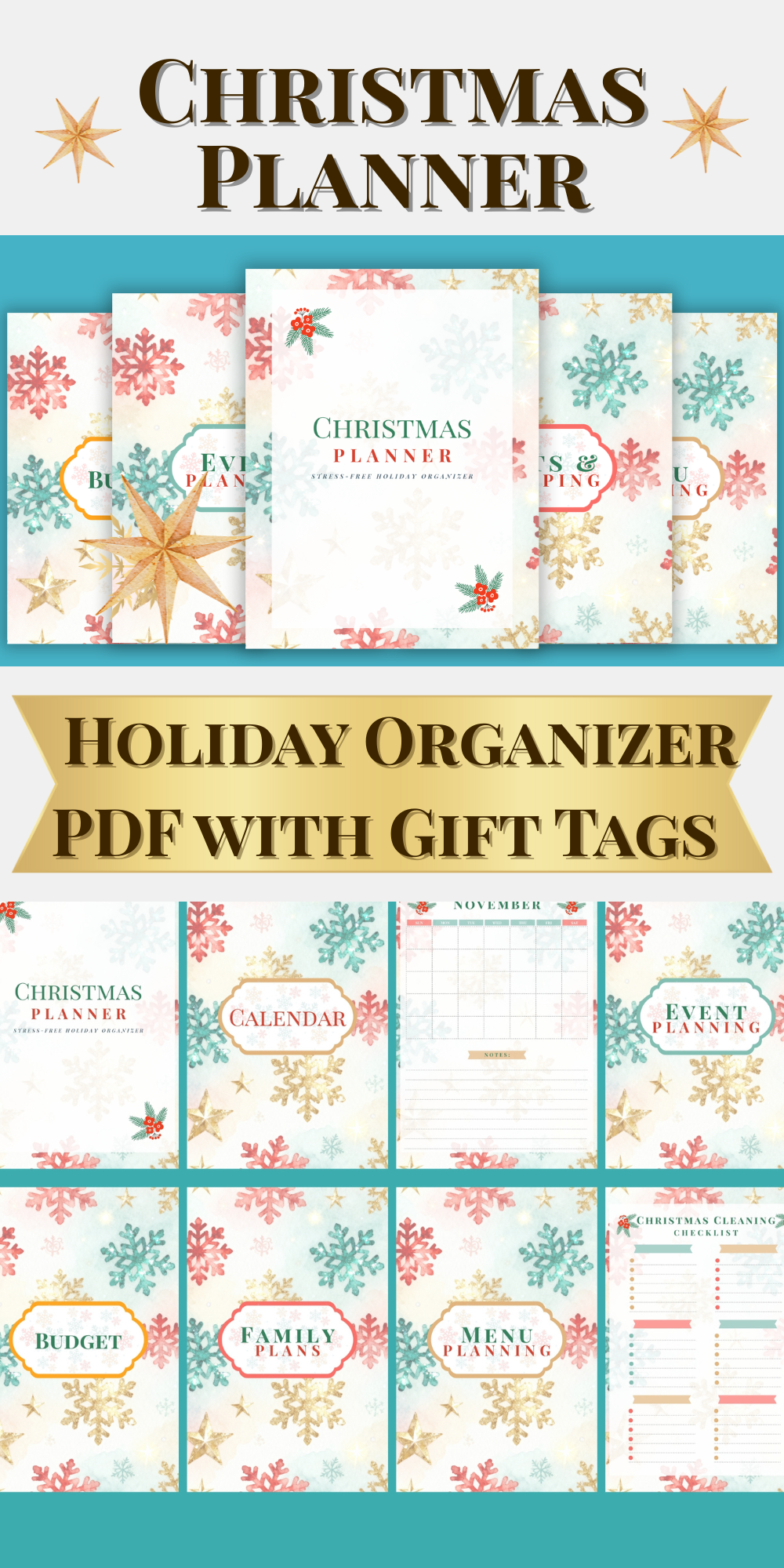 Printable Christmas Planner | Holiday Organizer PDF with Gift Tags | Budget, Meals & Checklist