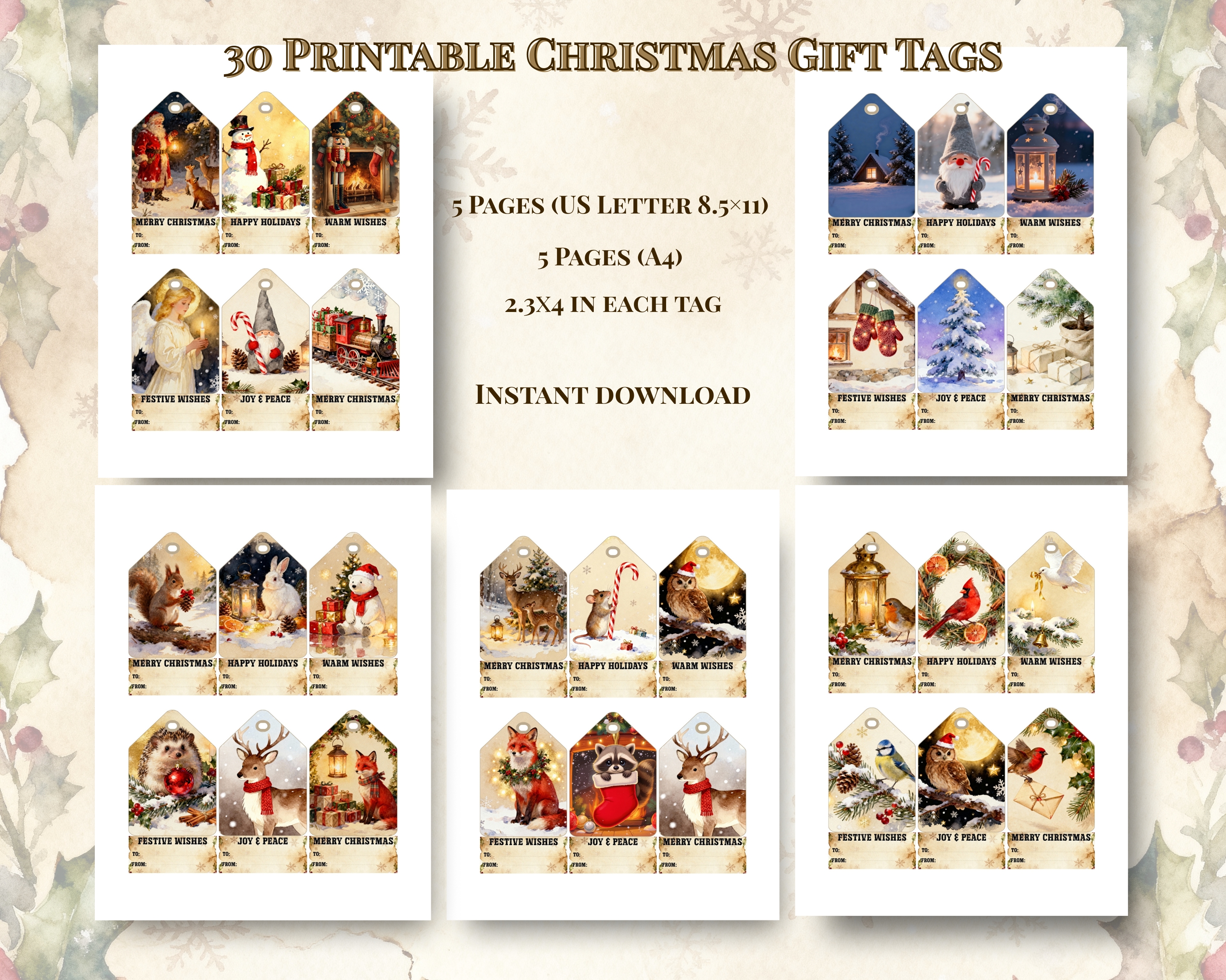 30 Vintage Christmas Gift Tags: Animal & Holiday Designs (Digital Download)