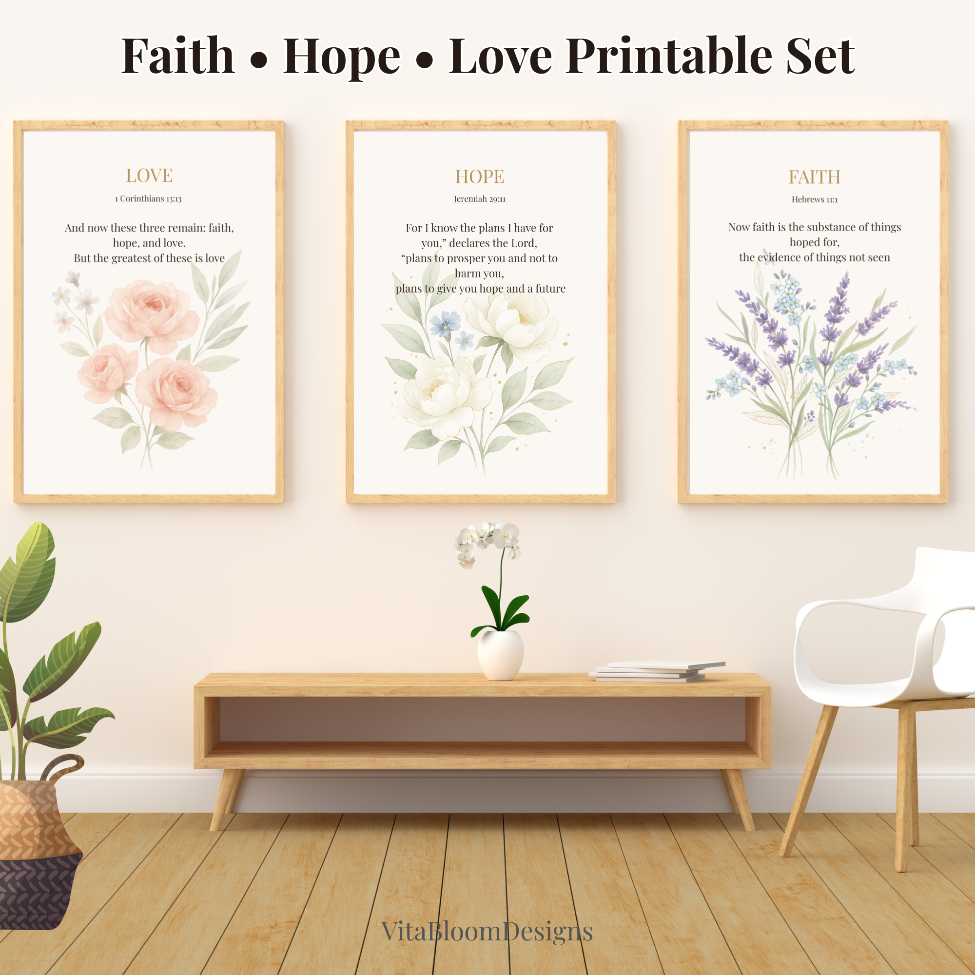 Faith Hope Love Floral Bible Verse Prints | Christian Decor (Digital Download)