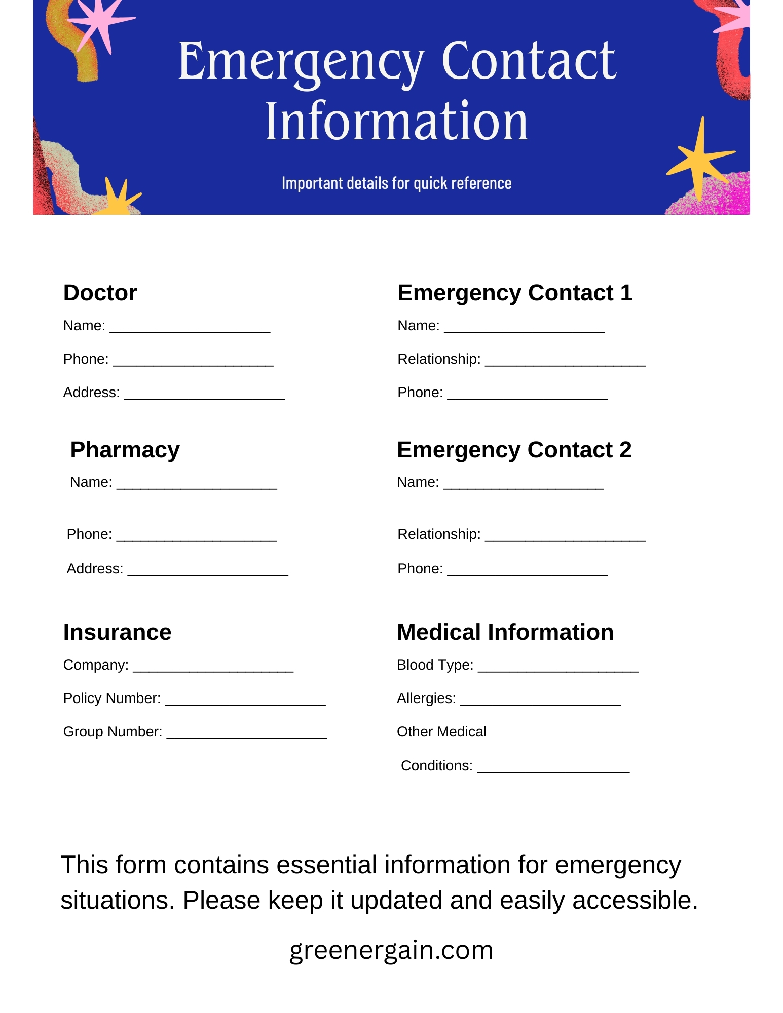 Emergency Contacts Log for Seniors - Large Print