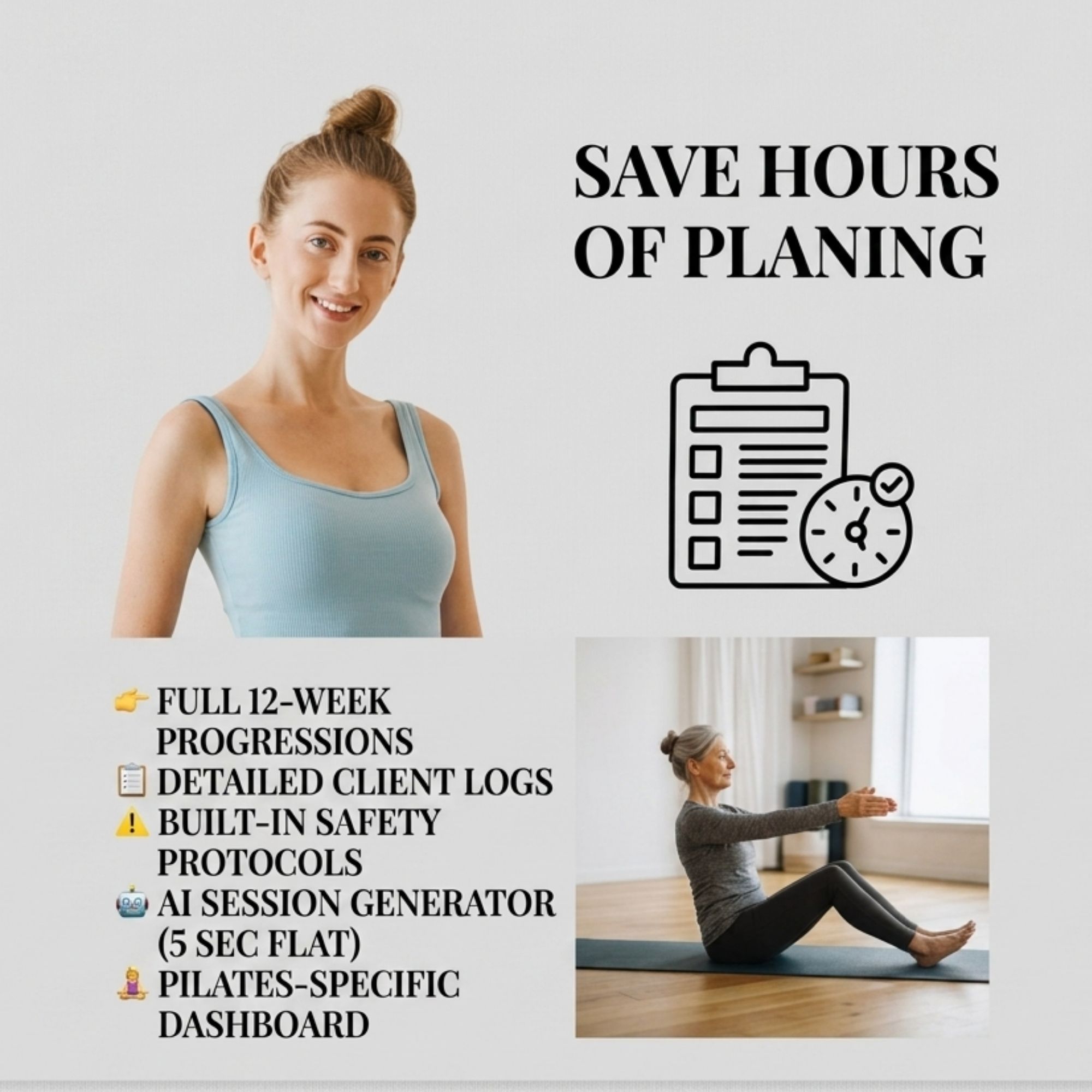 Pilates Hip Stabilization Notion Template | 12-Week Client Planner, AI Generator (Digital Download)