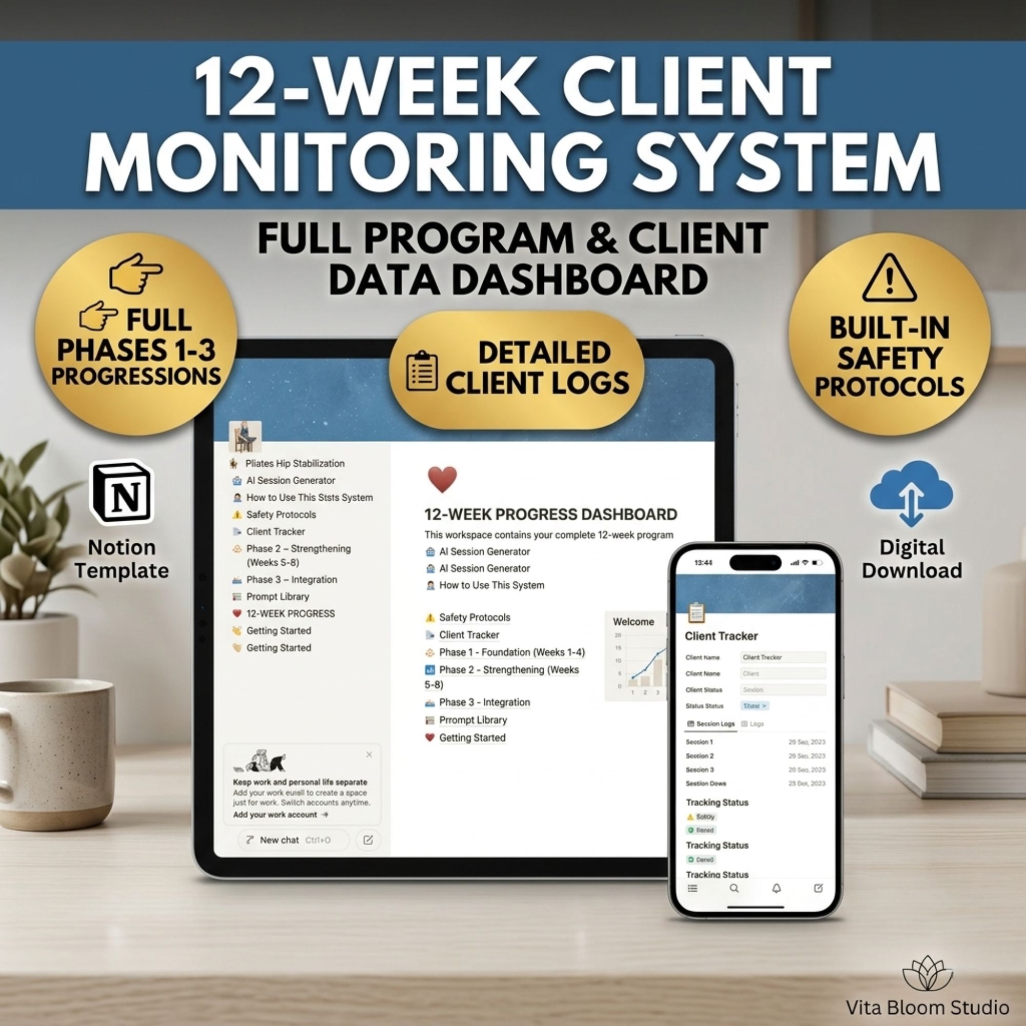 Pilates Hip Stabilization Notion Template | 12-Week Client Planner, AI Generator (Digital Download)