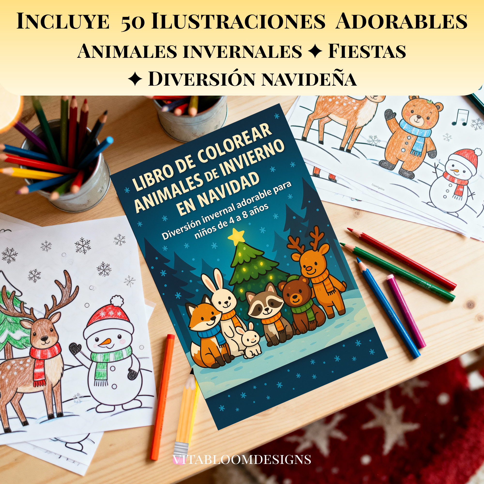 Libro de Colorear Animales de Invierno en Navidad · 50 Páginas Festivas | PDF Imprimible