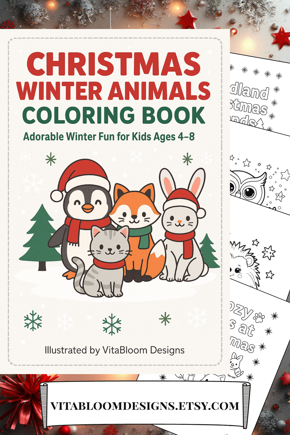 Christmas Animals Coloring Book for Kids ages 4-8 | 50 Holiday Pages (Digital Download)