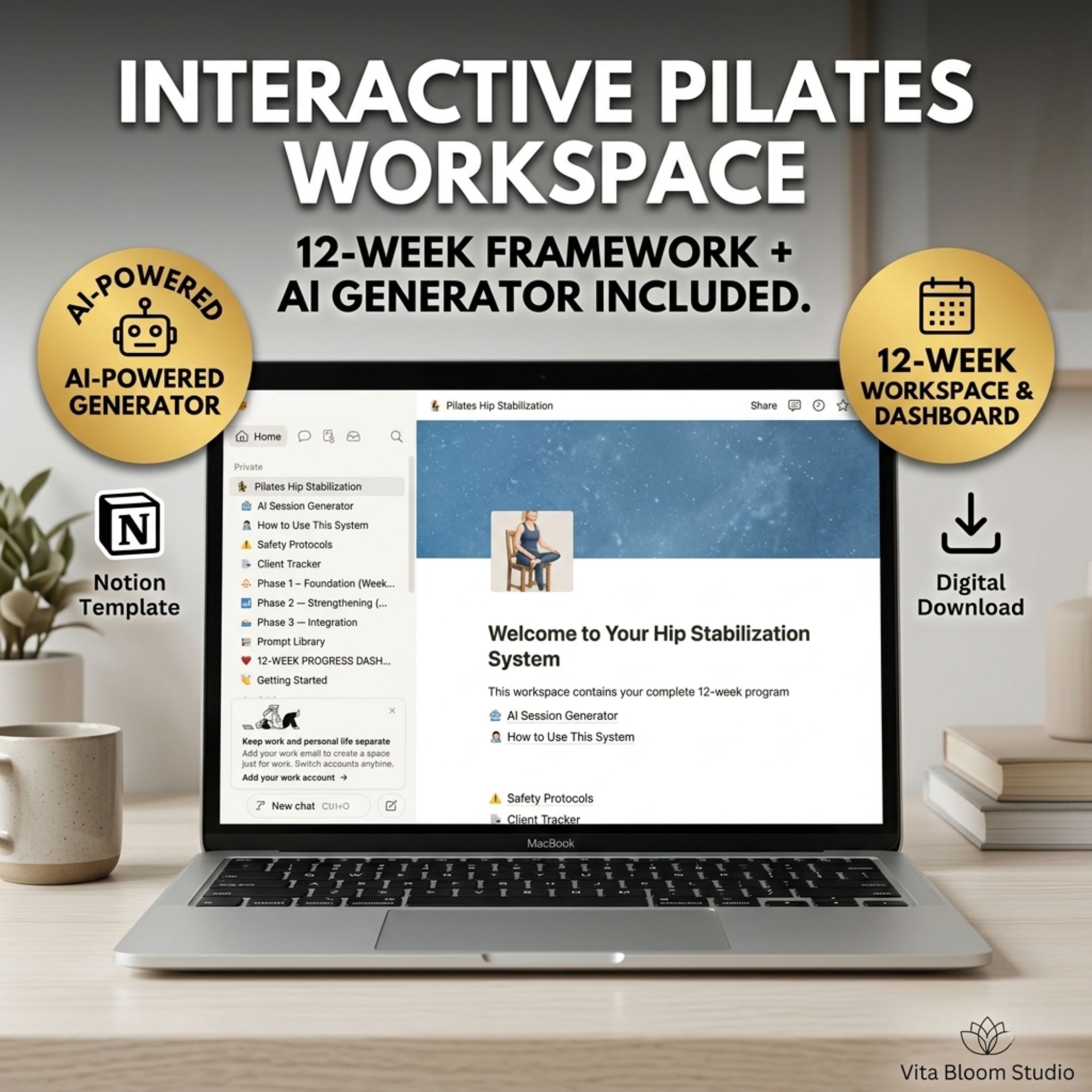 Pilates Hip Stabilization Notion Template | 12-Week Client Planner, AI Generator (Digital Download)