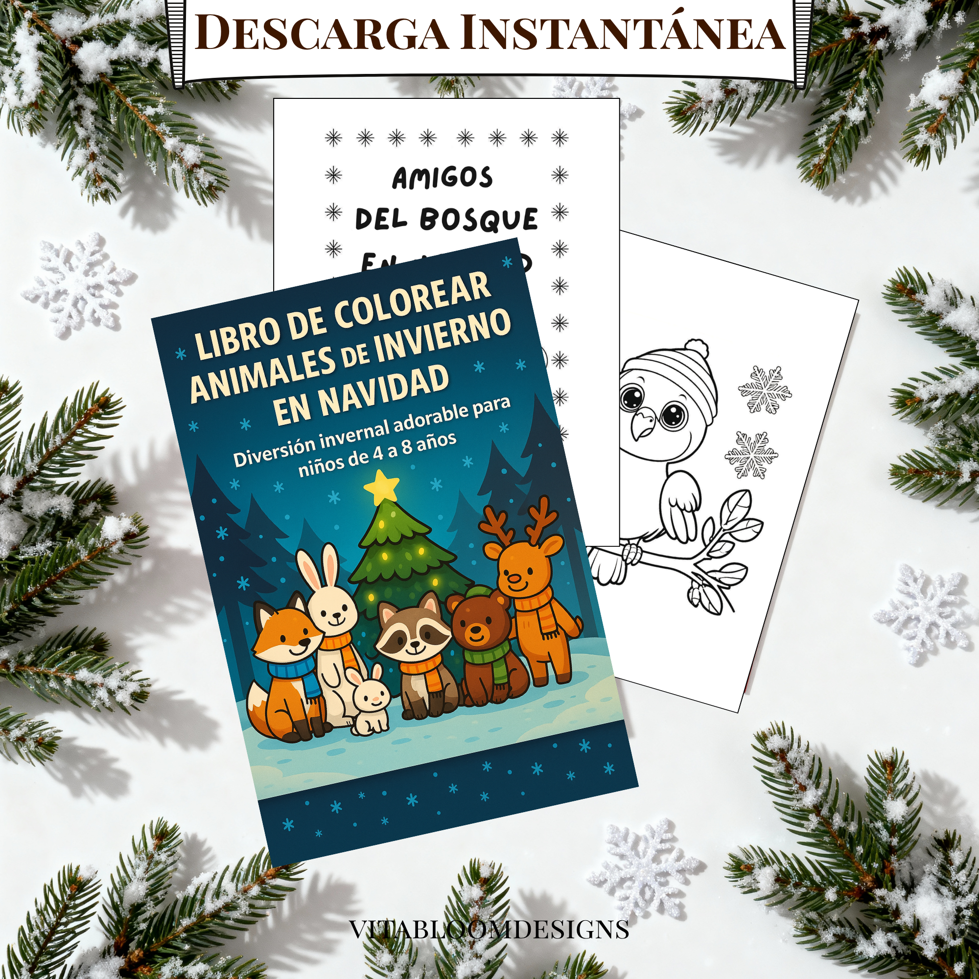 Libro de Colorear Animales de Invierno en Navidad · 50 Páginas Festivas | PDF Imprimible