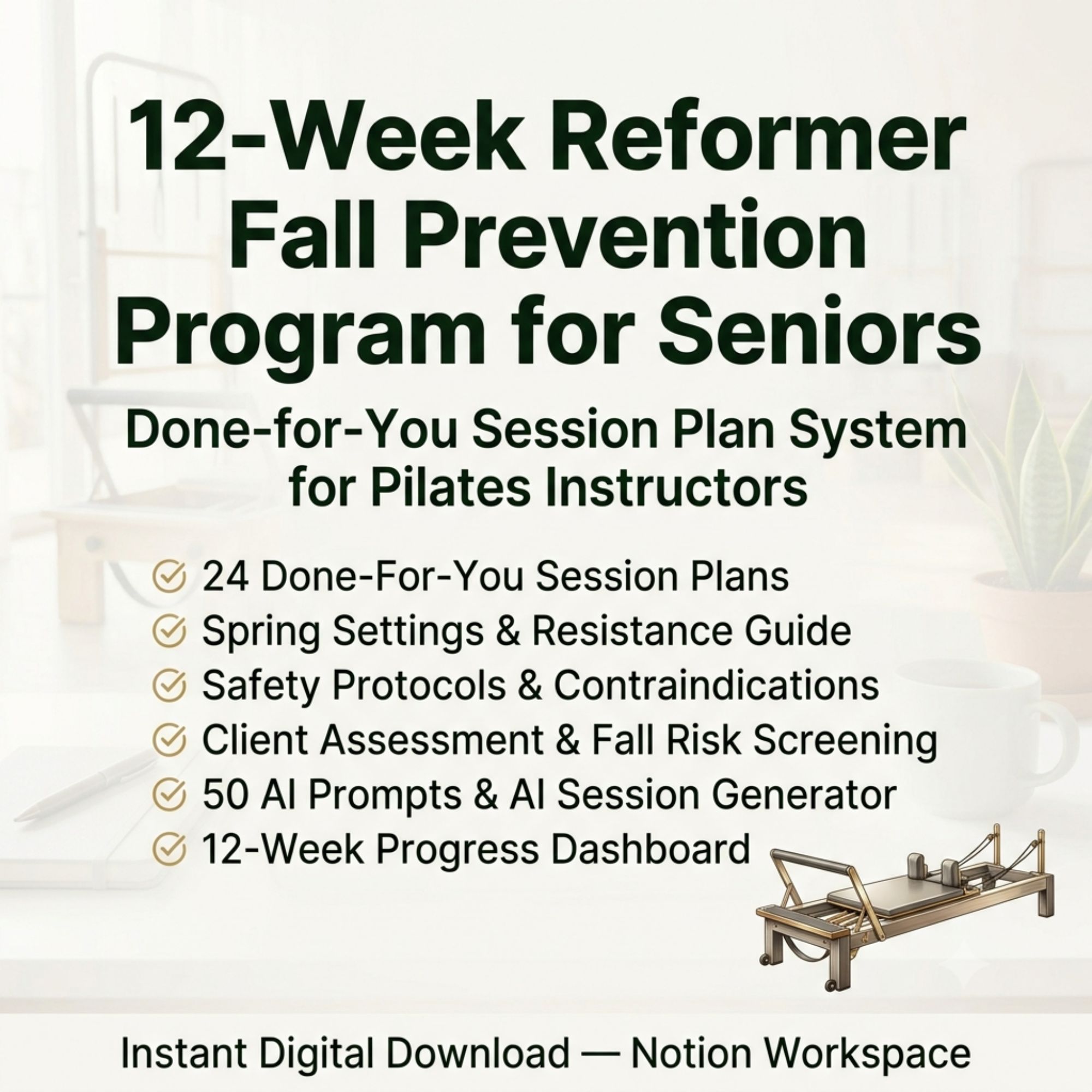 Reformer Pilates Fall Prevention Program for Seniors - "Done - for - You"  Instructors System - Notion Workspace