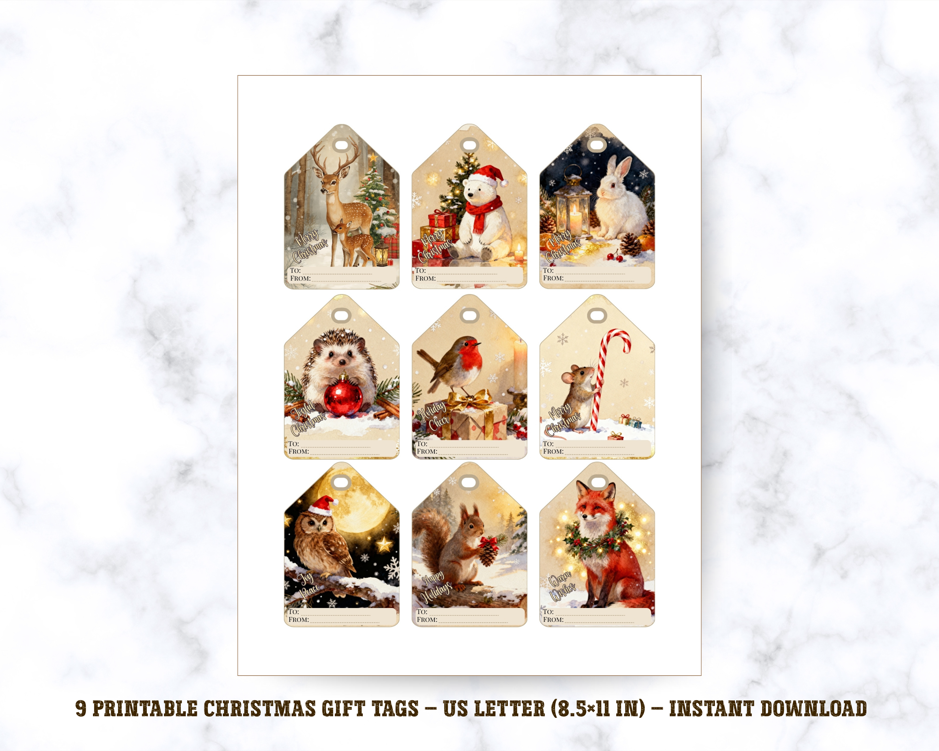 30 Vintage Christmas Gift Tags: Animal & Holiday Designs (Digital Download)