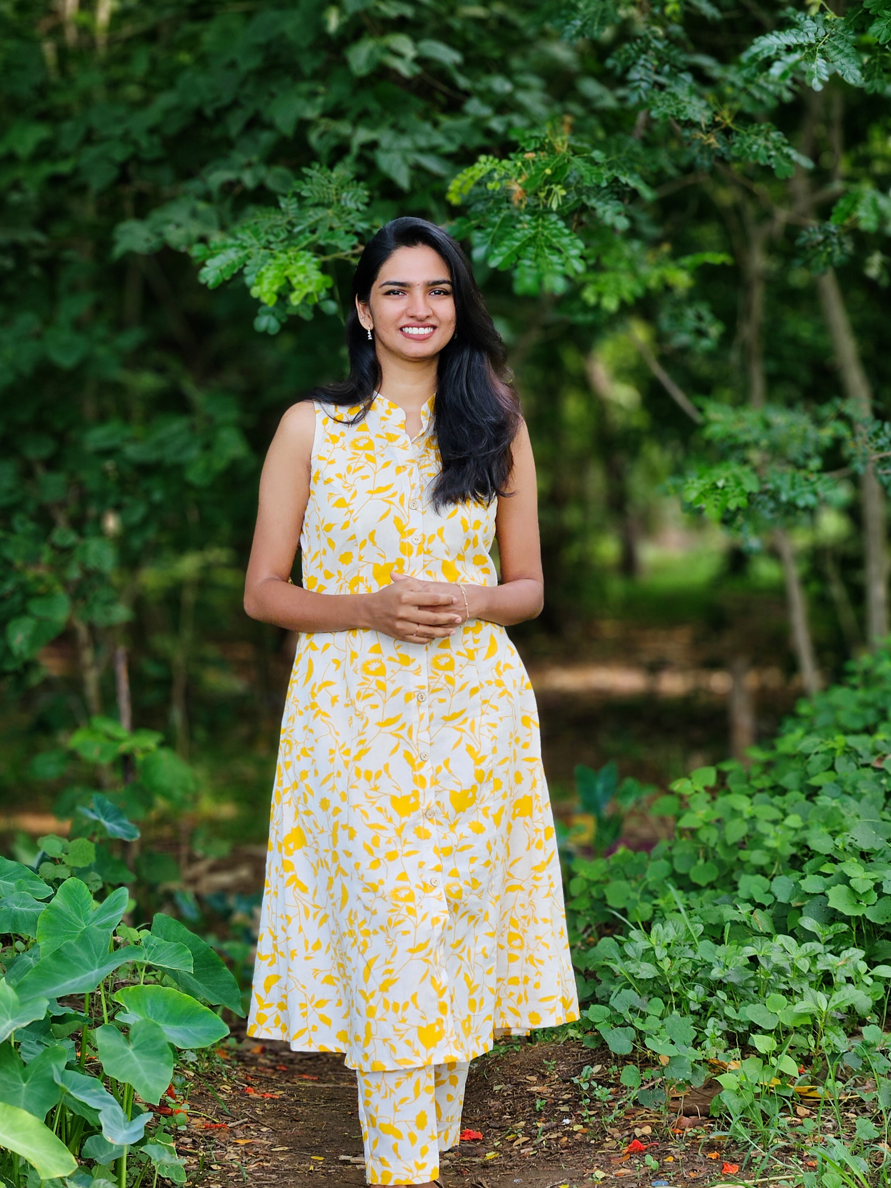 Yellow Floral Kurta Set -3/4 Sleeves attached