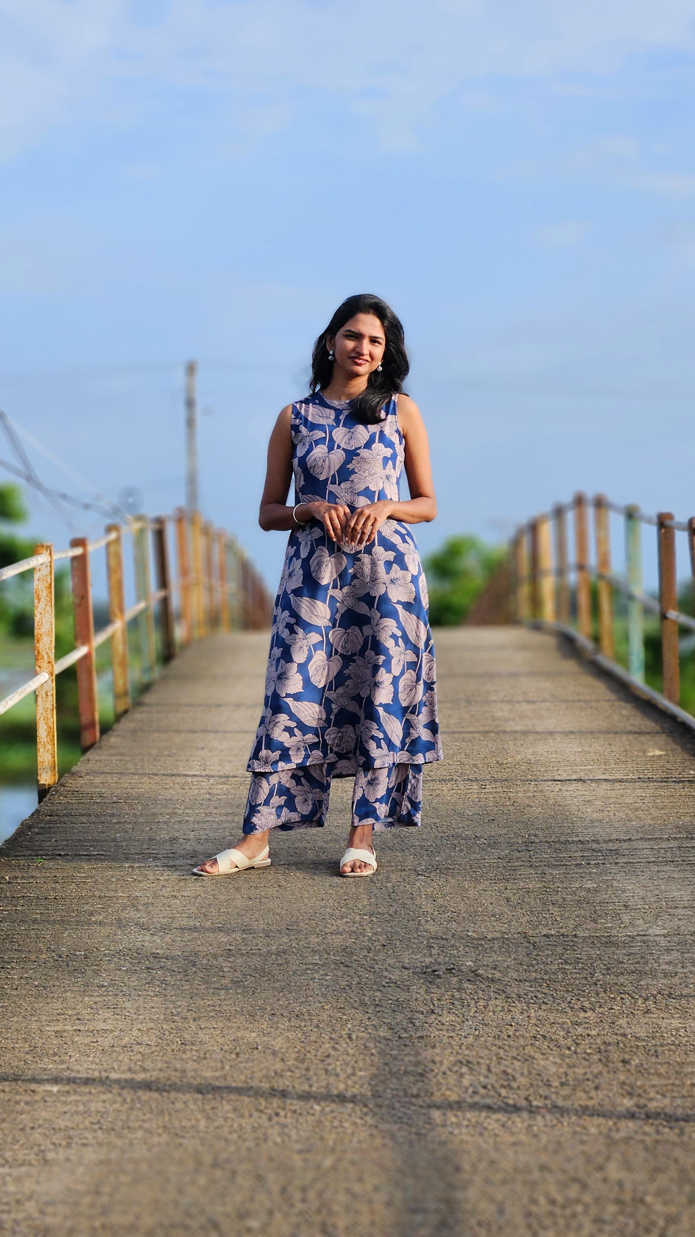 Blue Floral Kurti Set - Half Sleeves attached