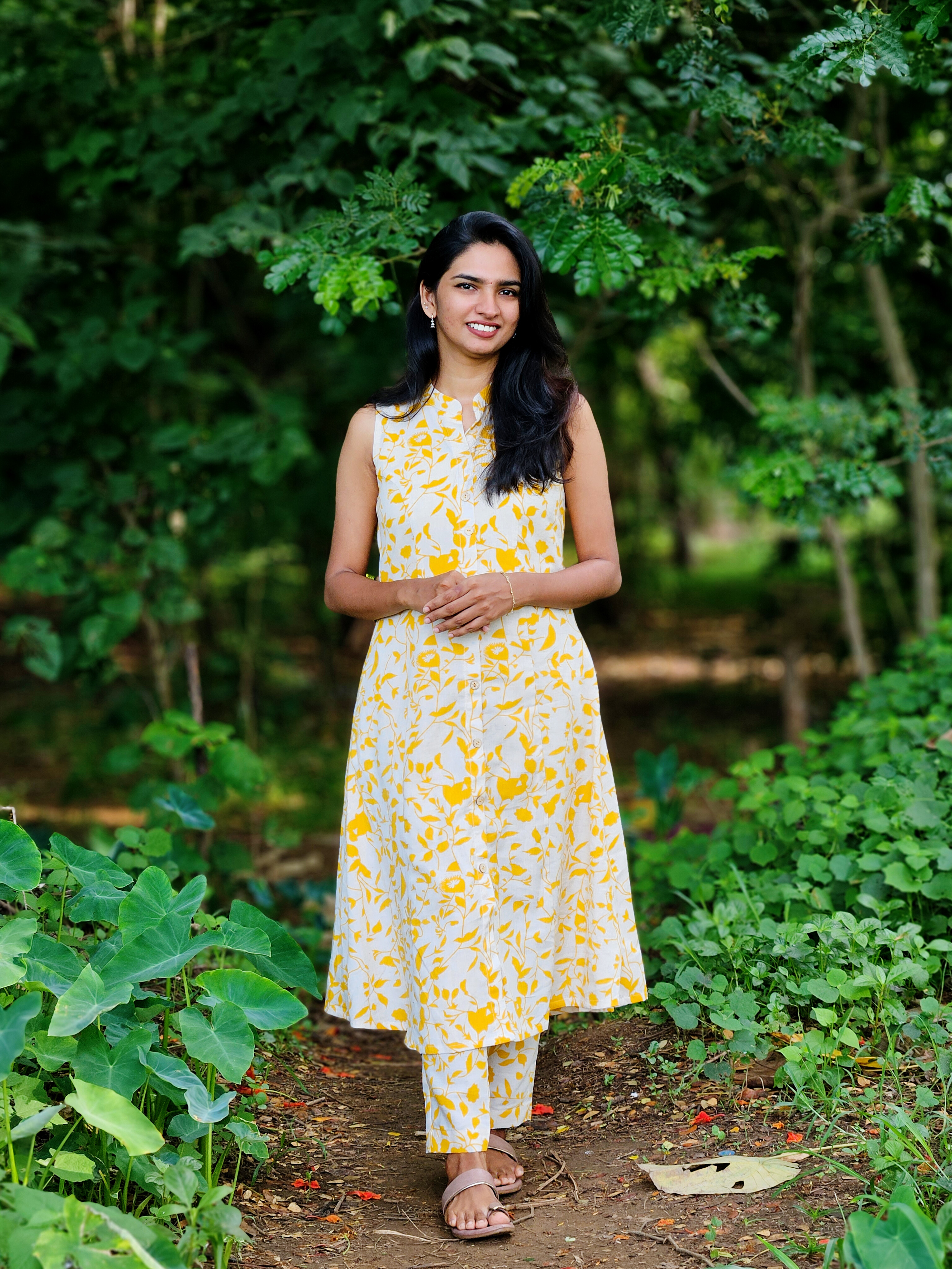 Yellow Floral Kurta Set -3/4 Sleeves attached