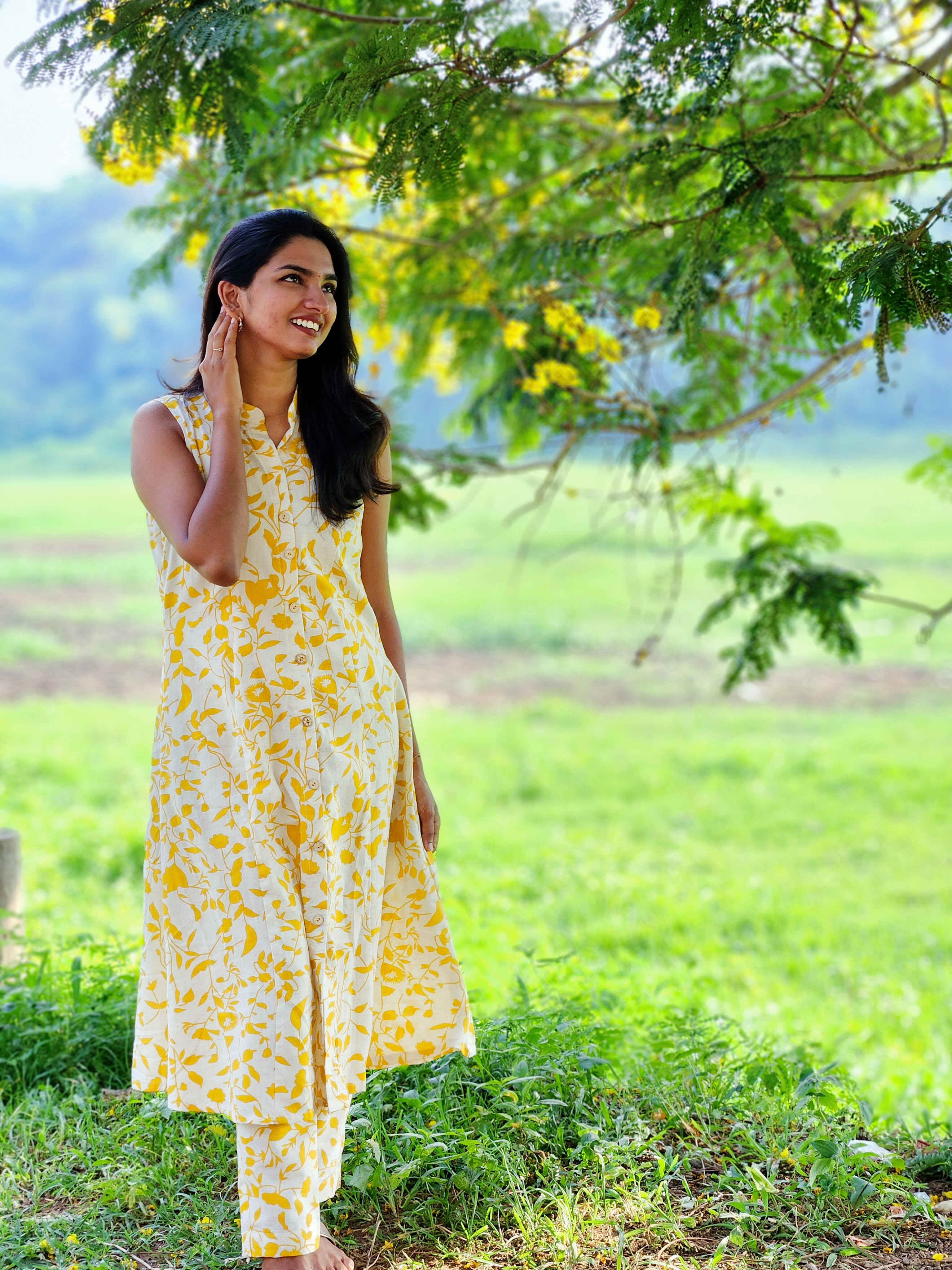 Yellow Floral Kurta Set -3/4 Sleeves attached