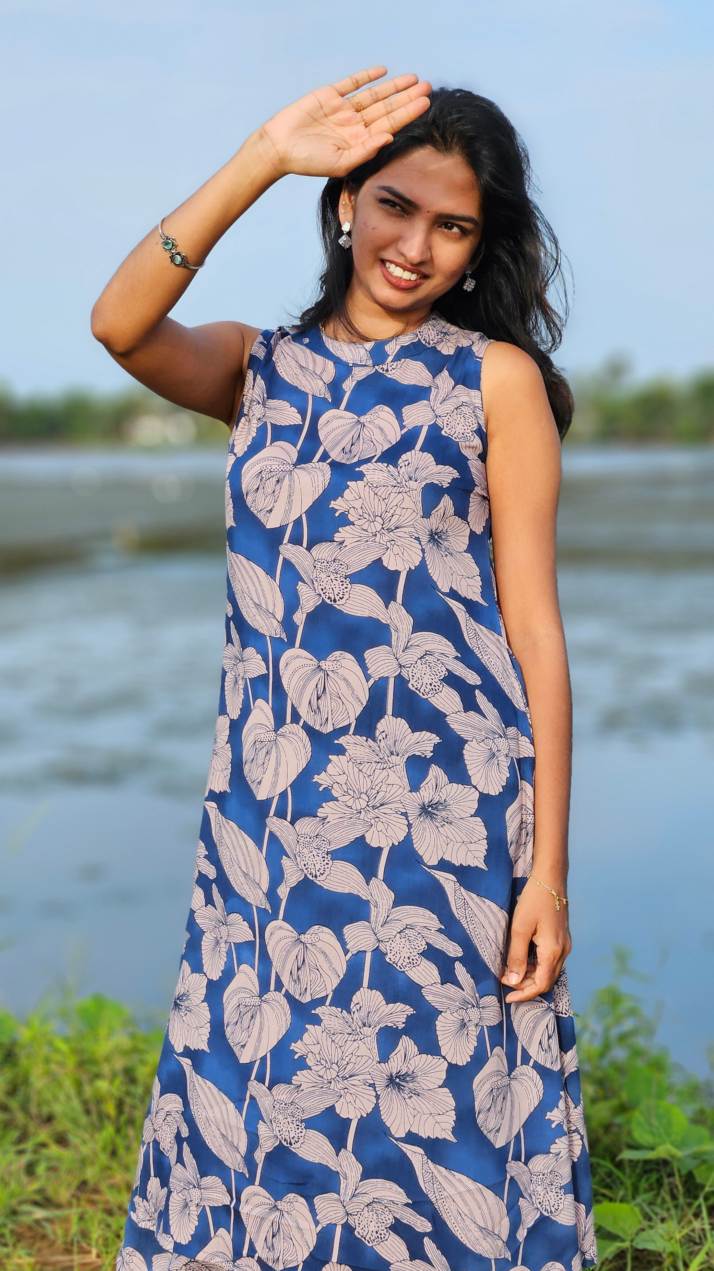 Blue Floral Kurti Set - Half Sleeves attached