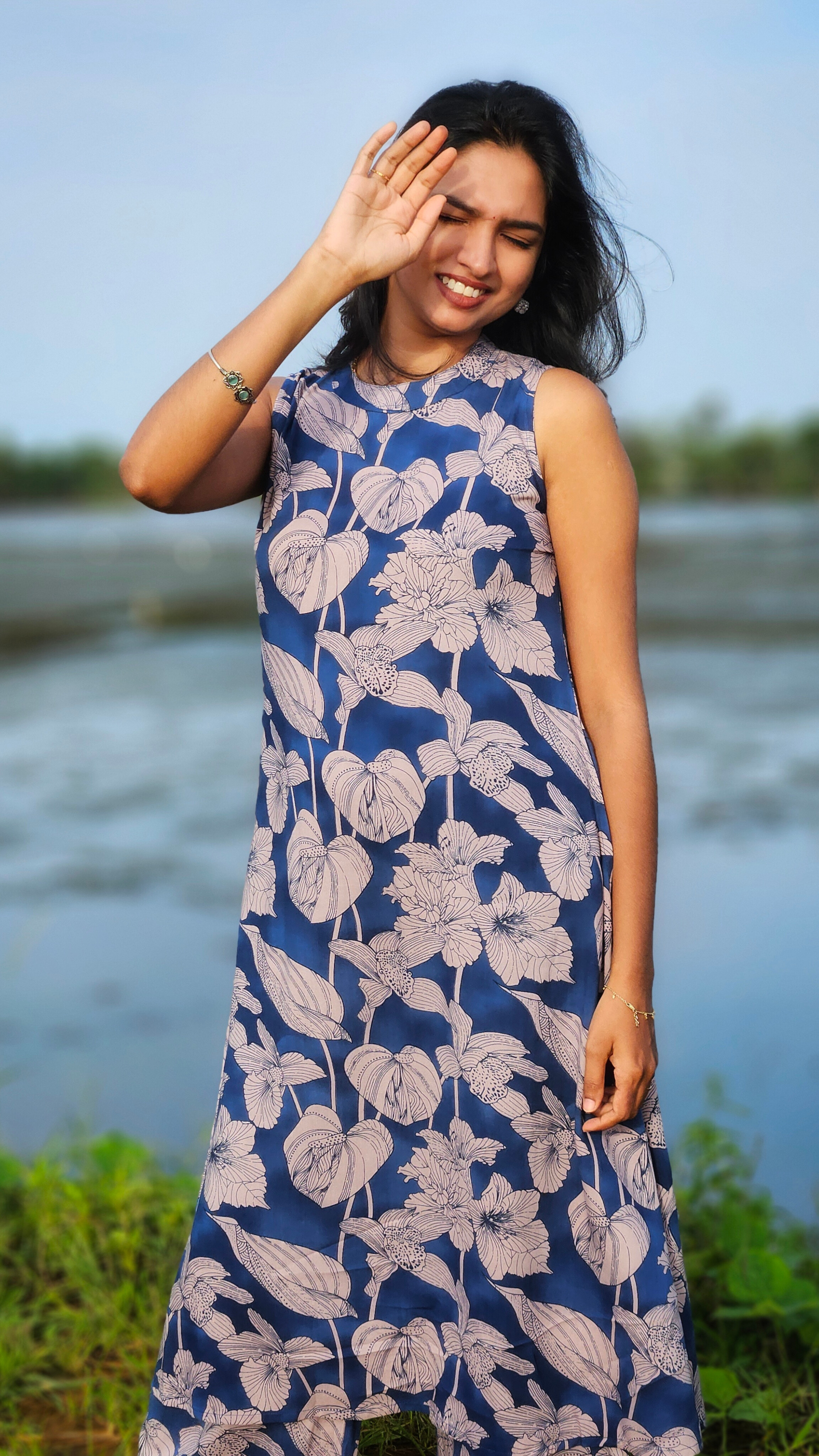 Blue Floral Kurti Set - Half Sleeves attached