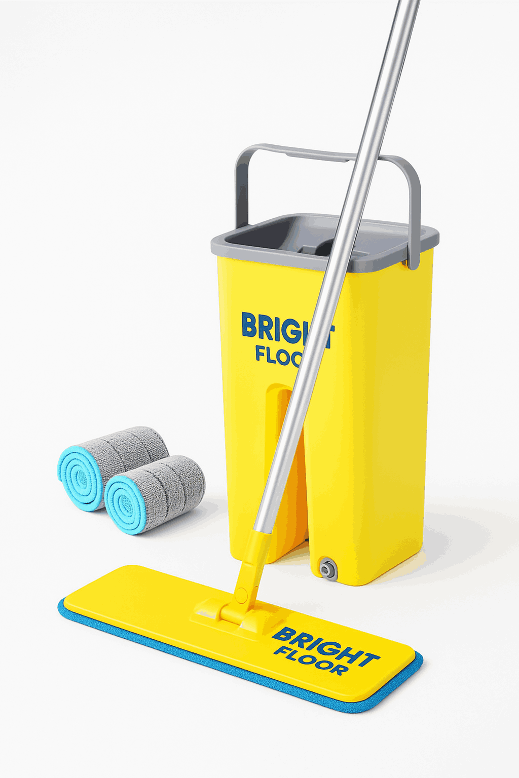 Bright Floor Flat Mop & Bucket Set with 2 Reusable Microfiber Pads & Scraper – Hands-Free Cleaning System for Home & Office