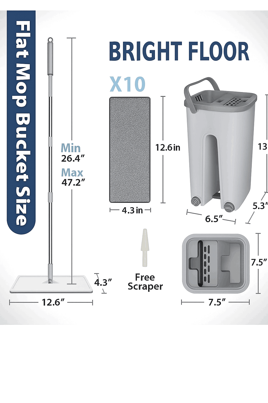 Bright Floor Flat Mop & Bucket Set with 2 Reusable Microfiber Pads & Scraper – Hands-Free Cleaning System for Home & Office