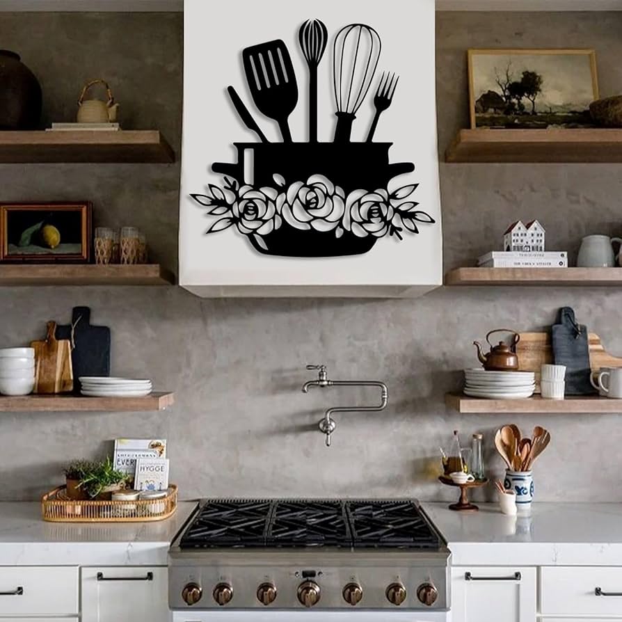 Floral Utensil Pot Metal Kitchen Wall Décor (Black)