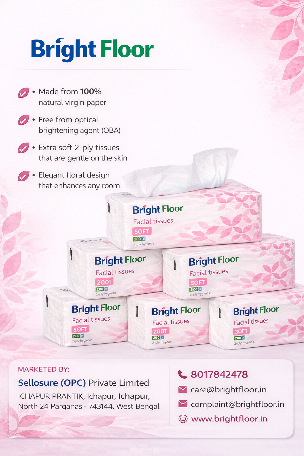 Bright Floor Facial Tissues – Pack of 6 (1200 Tissues Total)