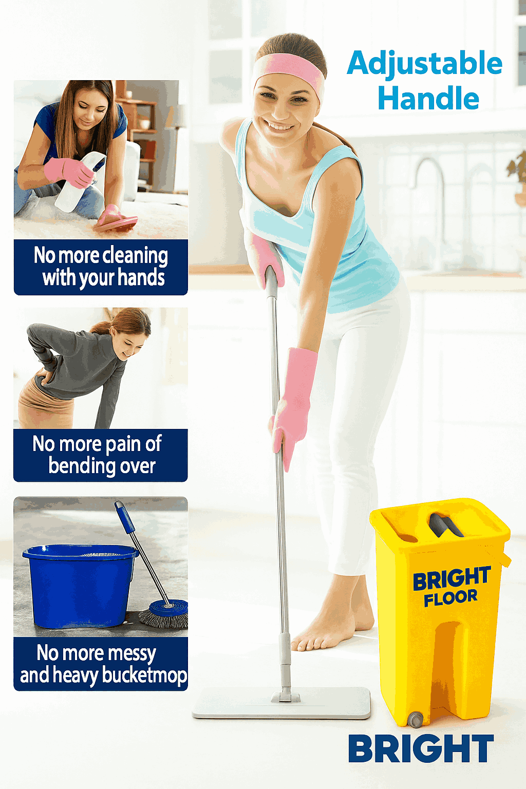 Bright Floor Flat Mop & Bucket Set with 2 Reusable Microfiber Pads & Scraper – Hands-Free Cleaning System for Home & Office