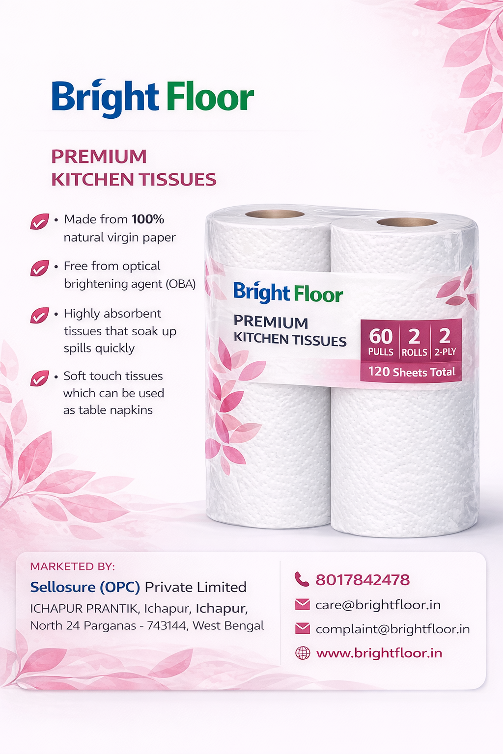 Bright Floor Premium Kitchen Tissues – 2 Rolls (120 Sheets Total)