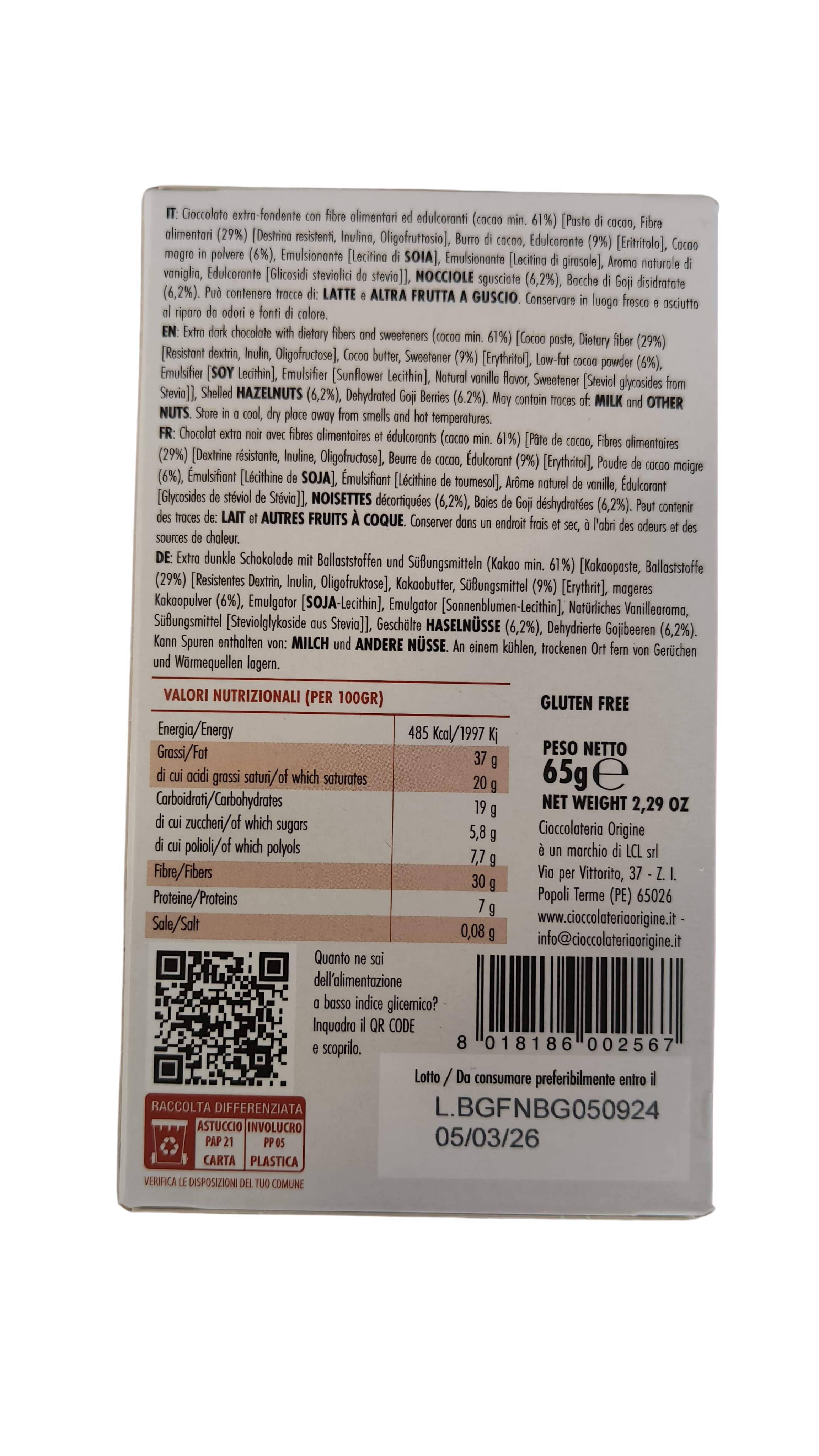 Cioccolato Extra Fondente con Nocciole e Bacche di Goji - Cioccolateria Origine