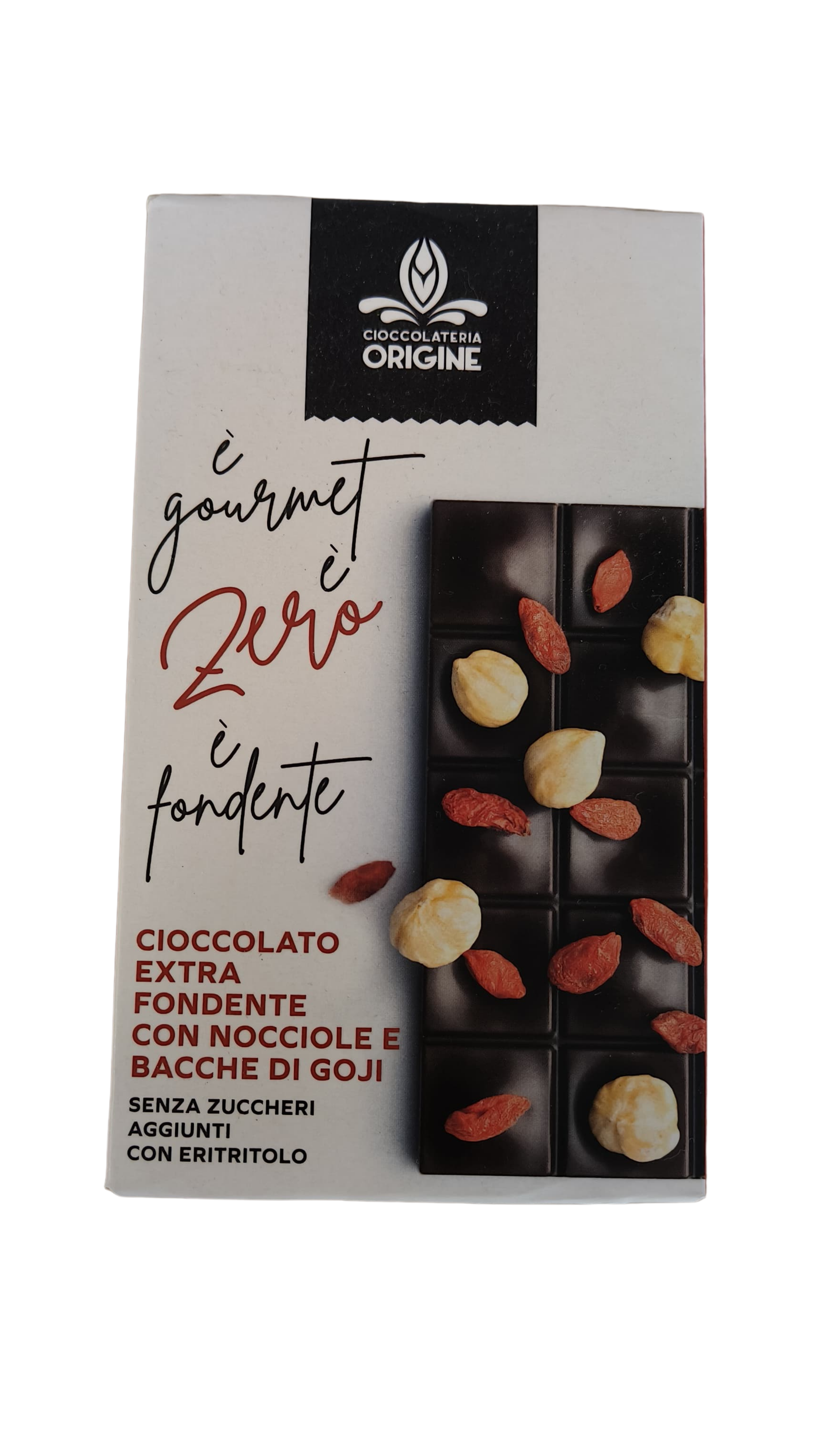 Cioccolato Extra Fondente con Nocciole e Bacche di Goji - Cioccolateria Origine
