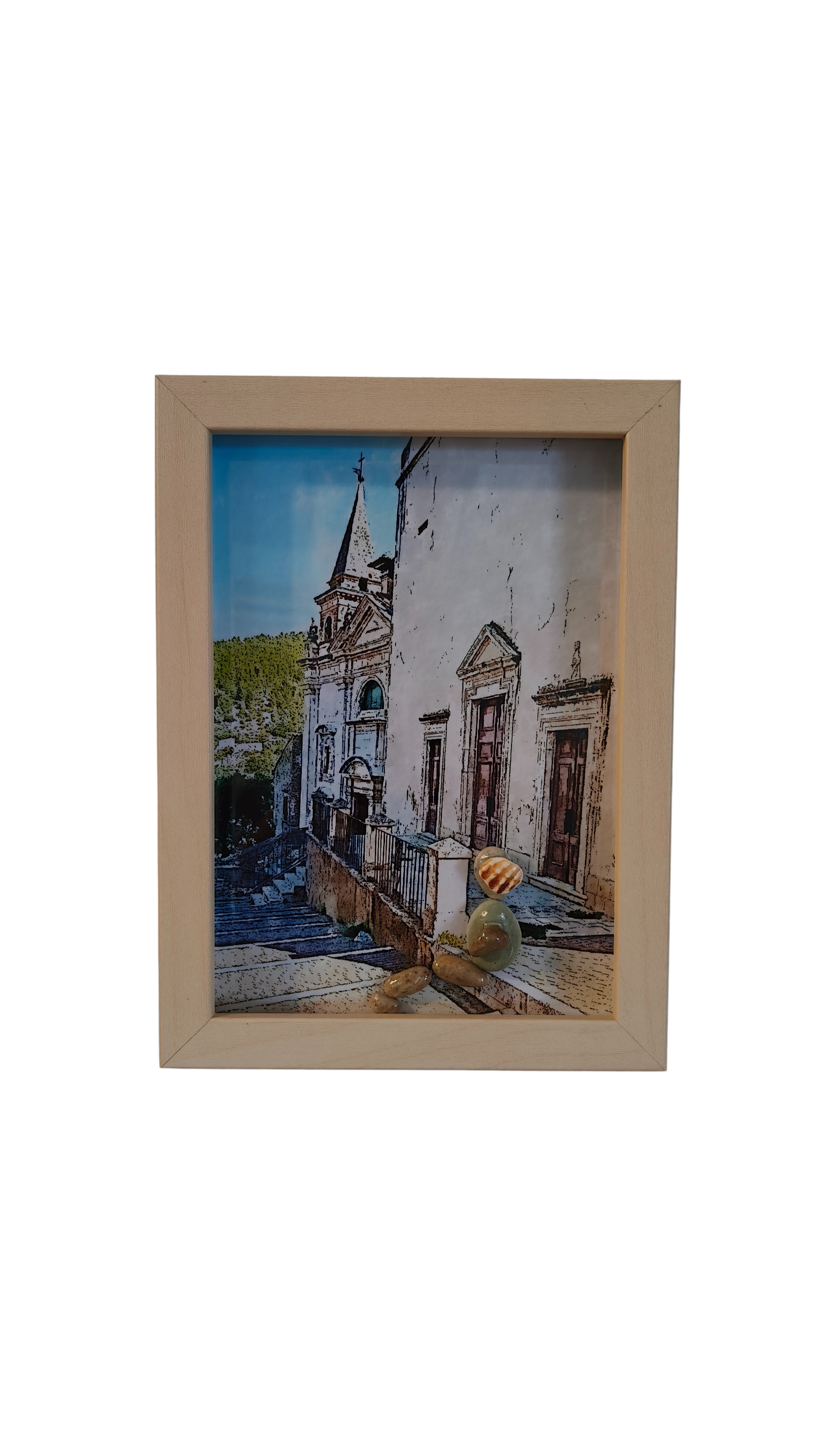 Quadro artigianale con sassi naturali dell’Abruzzo - Veduta delle chiese