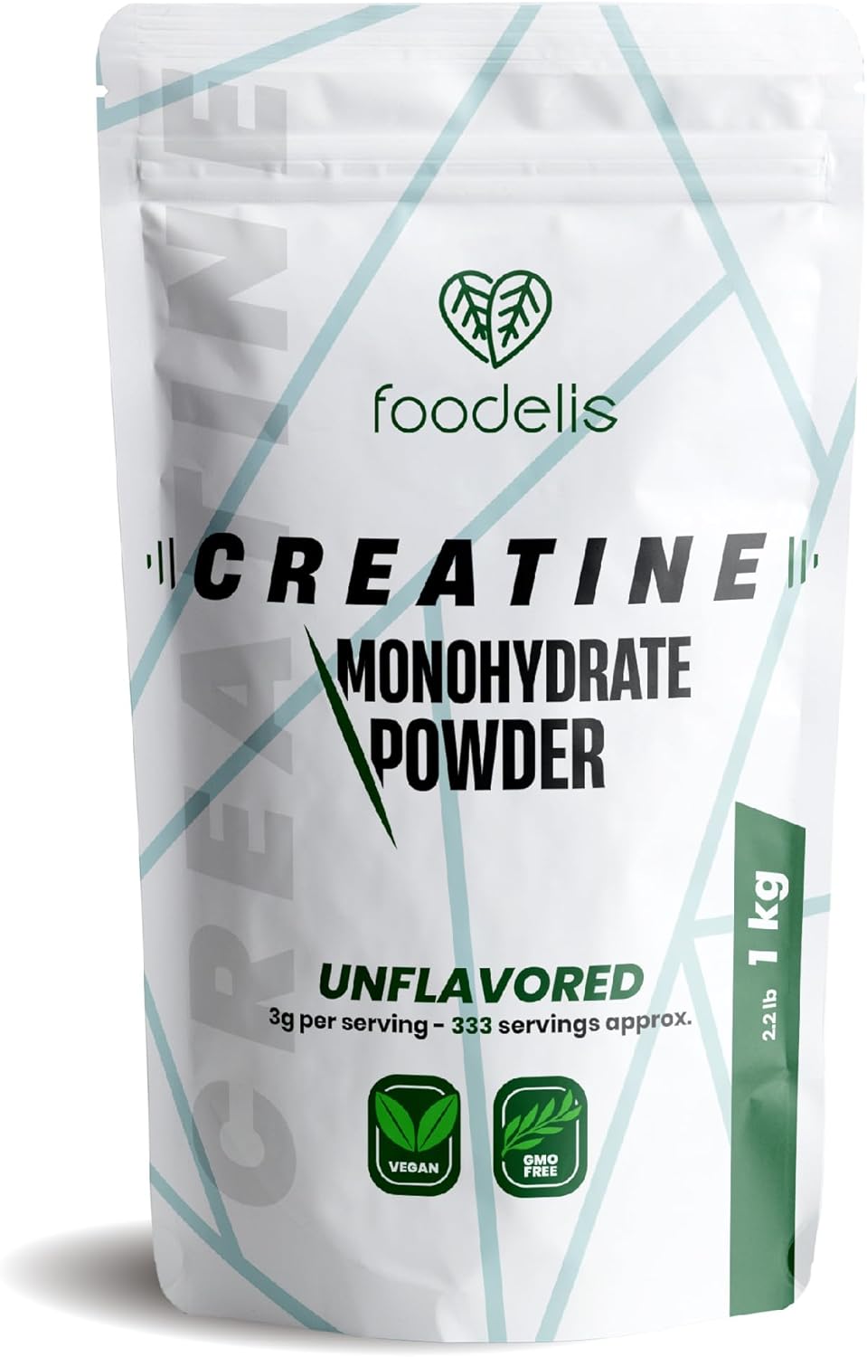 Creatina Monohidratada em Pó Foodelis 1kg/333 doses, 100% creatina monohidrato micronizada - sem sabor - pura e sem aditivos - Não-OGM - alta solubilidade, inclui doseadores