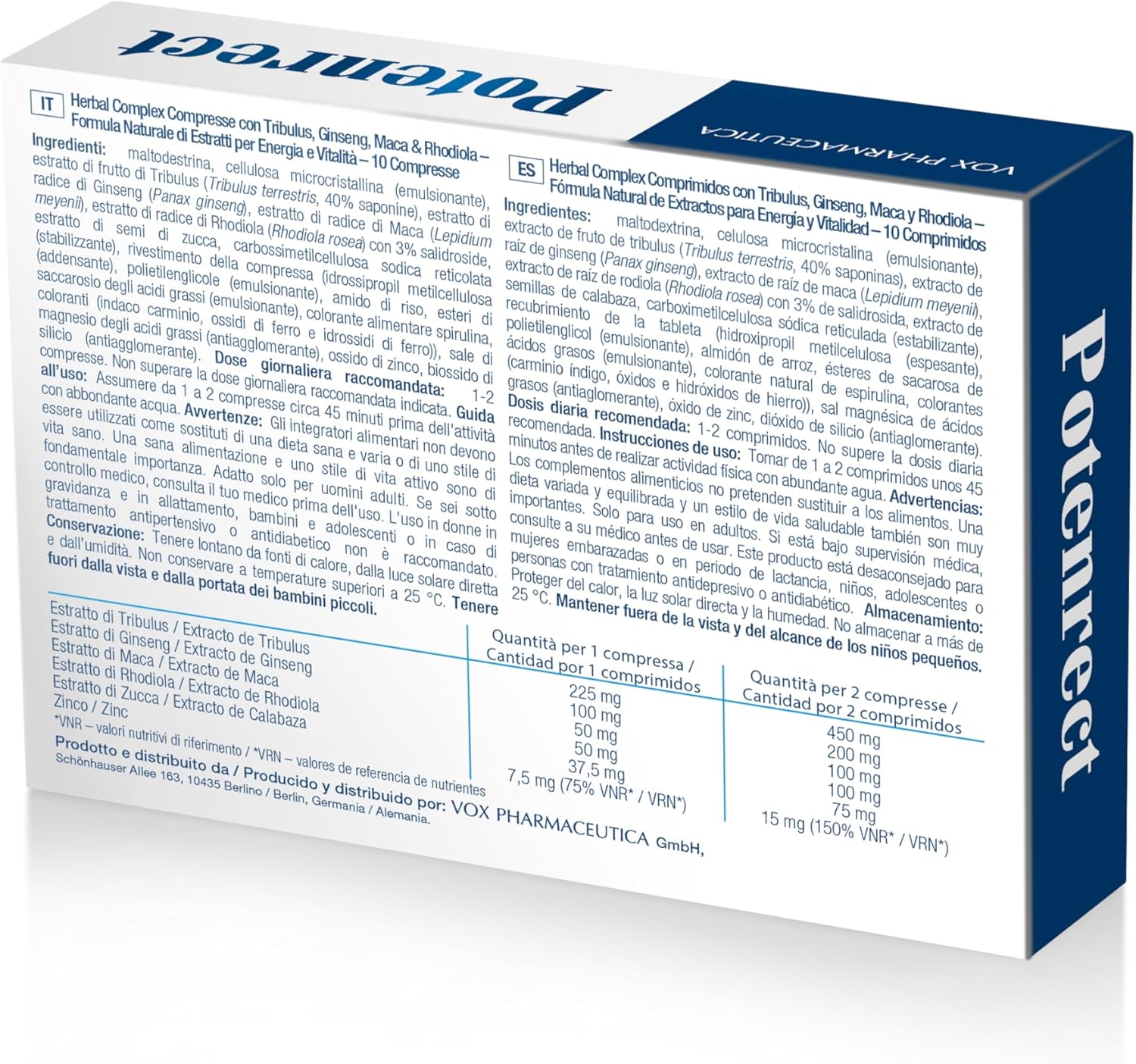 Potenrect 1030 mg - Herbal Complex compactados com Tribulus, Ginseng, Maca e Rhodiola, Fórmula natural de extratos para energia e vitalidade, 10 comprimidos (Tabletes rígidos PT10)