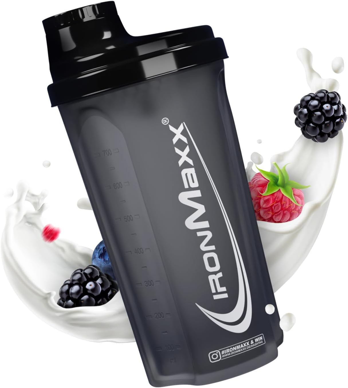 IronMaxx Protein Shaker 700 ml, preto à noite, agitador de proteínas, tampa de rosca, peneira, escala, sem BPA/DEHP, hermético, lavável