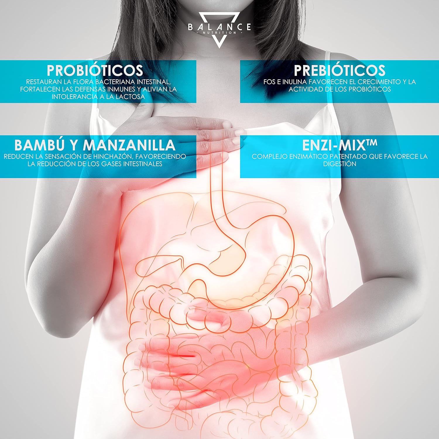 Probióticos e Prebióticos Balance - Probióticos INTESTINAIS - 240 CAPSUlas, Probióticos e pré-bióticos intestinais, espectro completo de 18 estirpes bacterianas incluídas, lactobacillus, enzimas digestivas, inulina | 10 mil milhões UFC