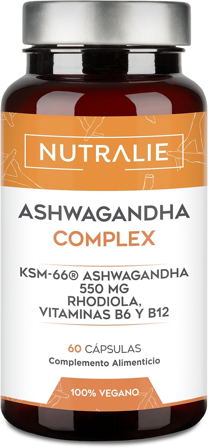 Ashwagandha Complex Nutralie - Ashwagandha KSM-66 Pura - Rhodiola Rosea Vit B6 B12 - potente Ginseng indiano BIO-disponível - Ginseng índio natural com 5% de Whitanólidos e vitaminas B6 e B12-60 cápsulas veganas Nutralie