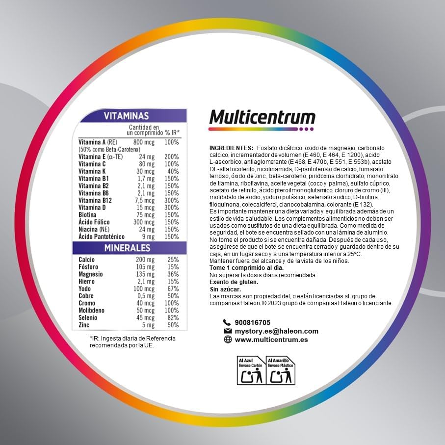 Multicentrum Homem 50 complementos alimentares multivitamínicos e multimineral para homens 50 +, com magnésio e vitamina C, sem glúten, 90 comprimidos