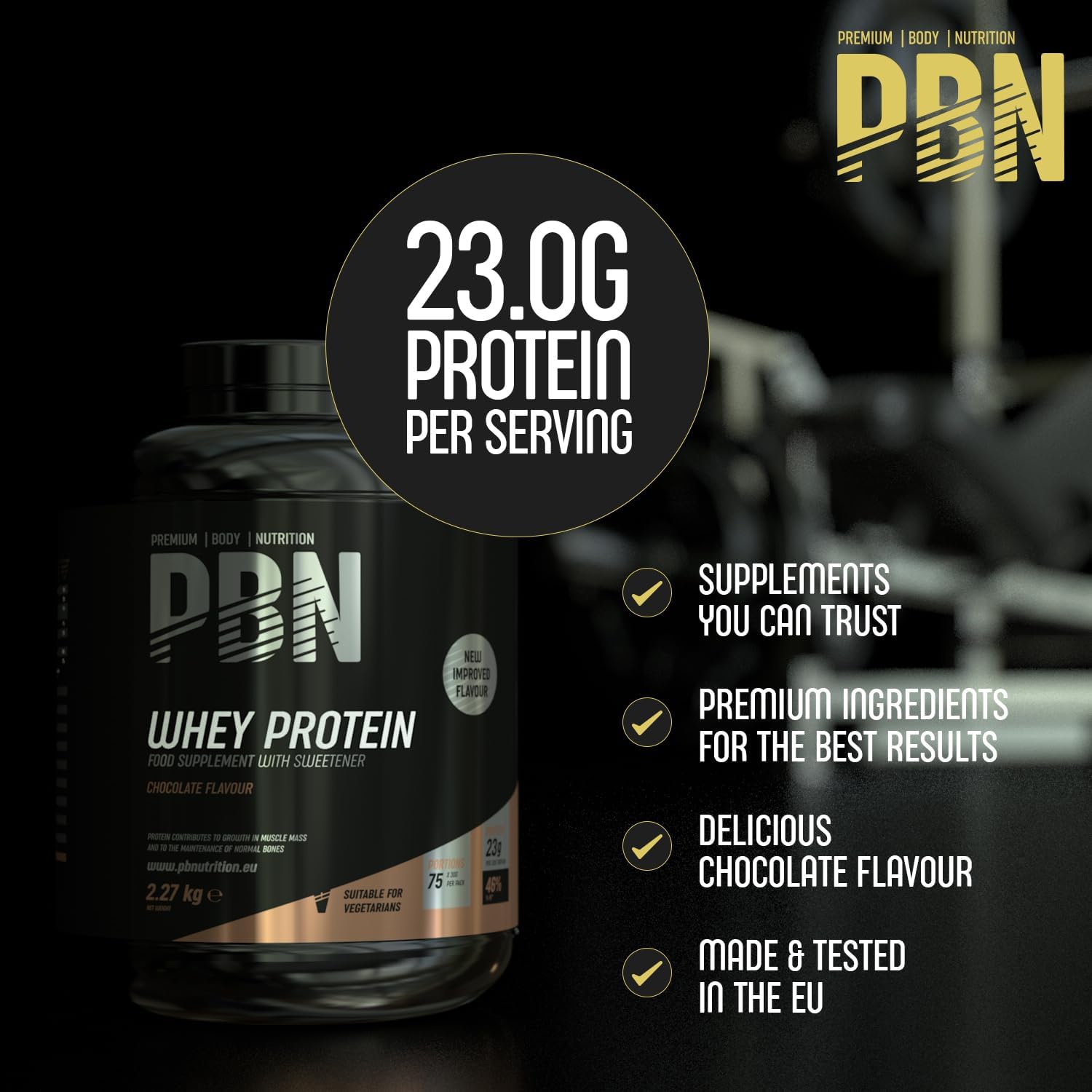 PBN Whey Protein - Premium Body Nutrition - Proteína de soro de leite em pó, 2,27 kg, sabor chocolate, sabor otimizado
