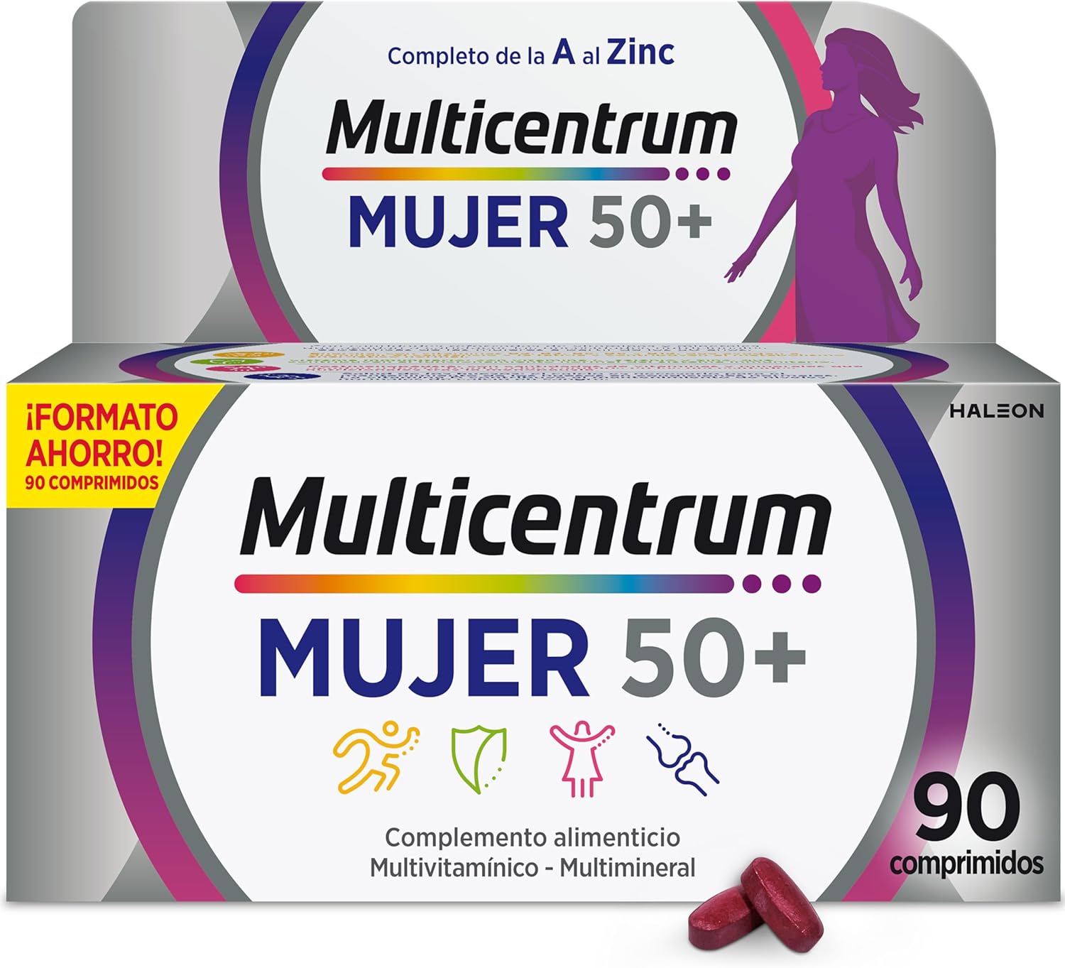Multicentrum Mulher 50+ complemento alimentar multivitamínico e multimineral para mulheres 50, com vitamina C e zinco; pós-menopausa, sem glúten, 90 comprimidos