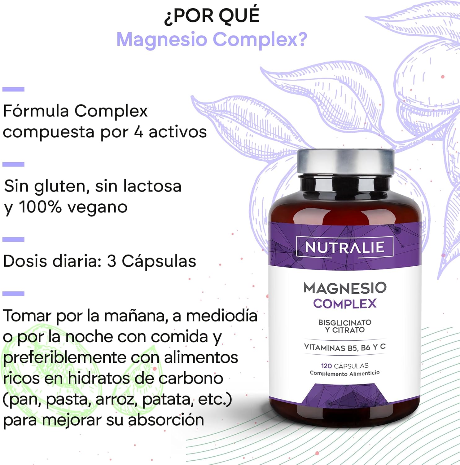 Magnésio Complex Nutralie - Citrato de magnésio 1545 mg magnésio bisglicinato 600 mg - Reduz o cansaço e a fadiga, alivia as articulações e músculos, magnésio alta biodisponibilidade, 120 cápsulas Nutralie