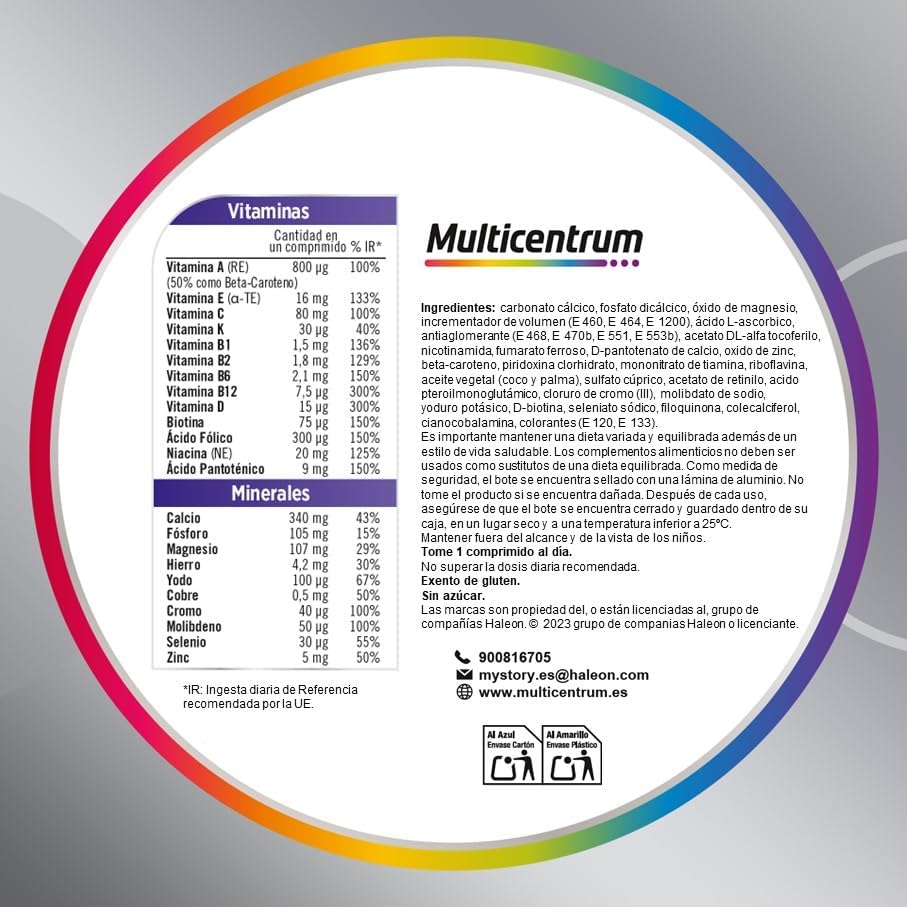 Multicentrum Mulher 50+ complemento alimentar multivitamínico e multimineral para mulheres 50, com vitamina C e zinco; pós-menopausa, sem glúten, 90 comprimidos