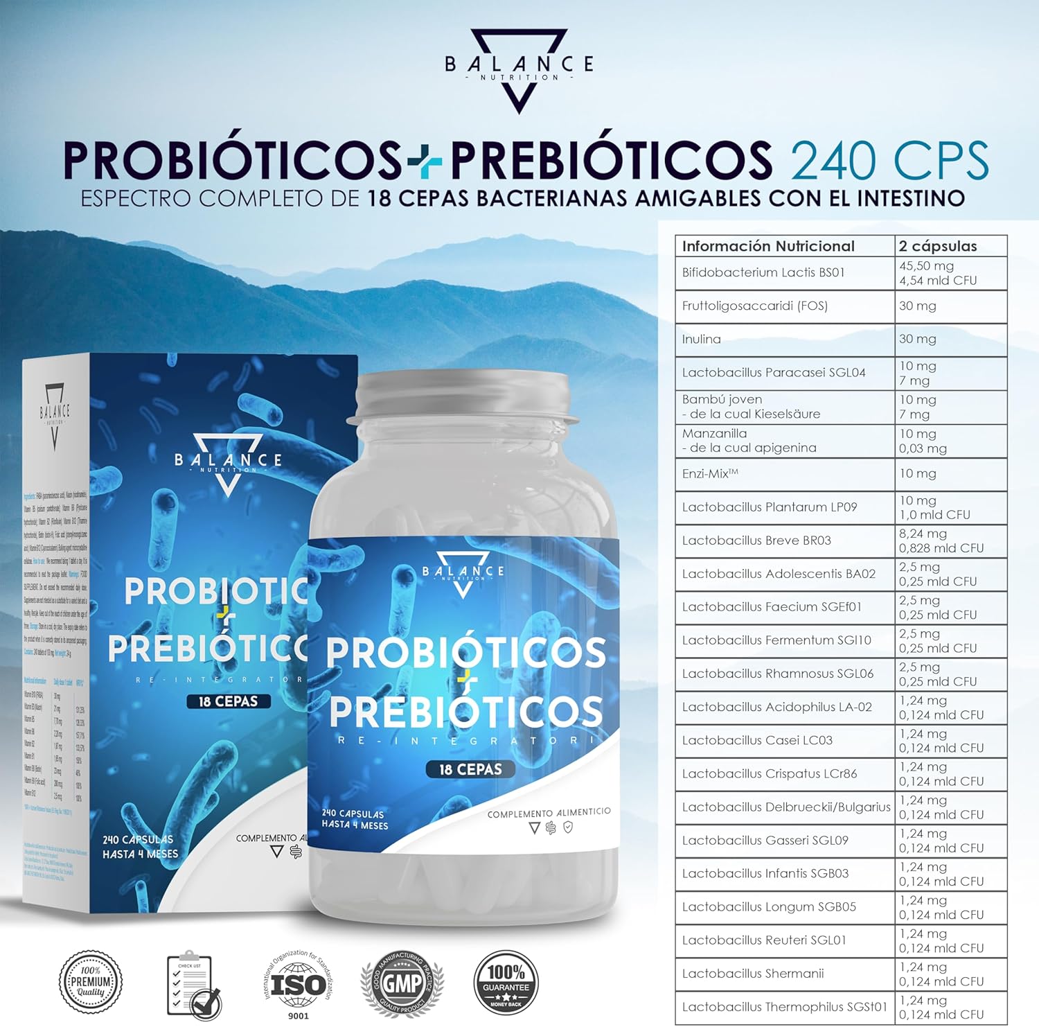Probióticos e Prebióticos Balance - Probióticos INTESTINAIS - 240 CAPSUlas, Probióticos e pré-bióticos intestinais, espectro completo de 18 estirpes bacterianas incluídas, lactobacillus, enzimas digestivas, inulina | 10 mil milhões UFC