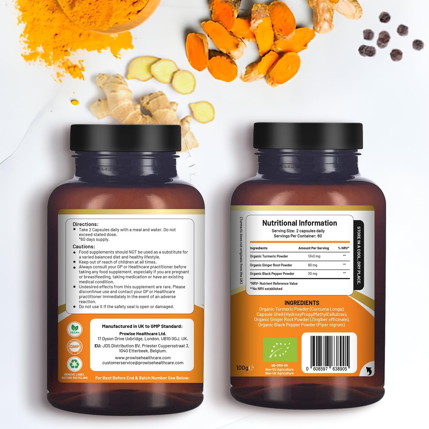 Cúrcuma Orgânica com Gengibre e Pimenta Preta - Cúrcuma curcumina 1440 mg com pimenta preta e gengibre I 120 cápsulas de açafrão veganas de alta resistência (fornecimento de 2 meses) I Fabricado no Reino Unido pela Prowise Healthcare