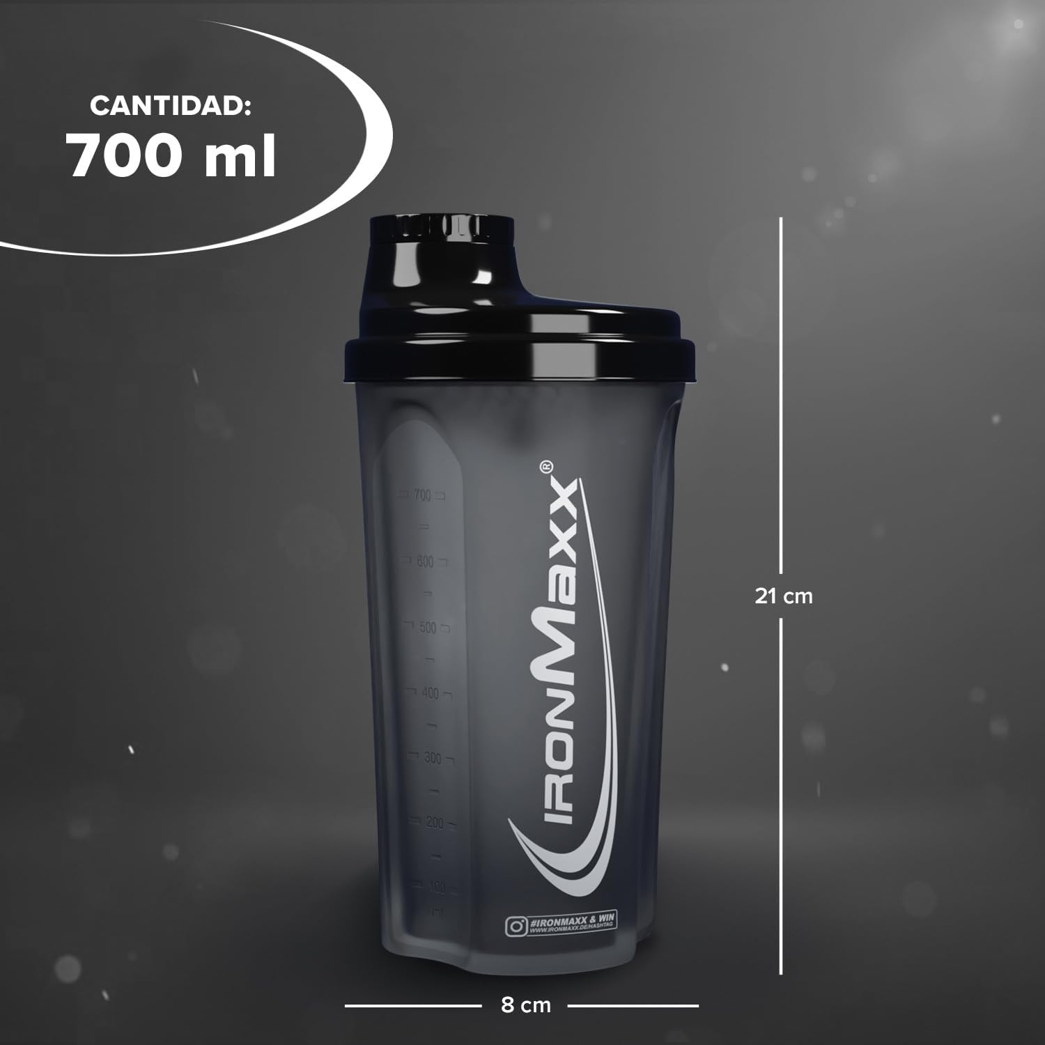 IronMaxx Protein Shaker 700 ml, preto à noite, agitador de proteínas, tampa de rosca, peneira, escala, sem BPA/DEHP, hermético, lavável