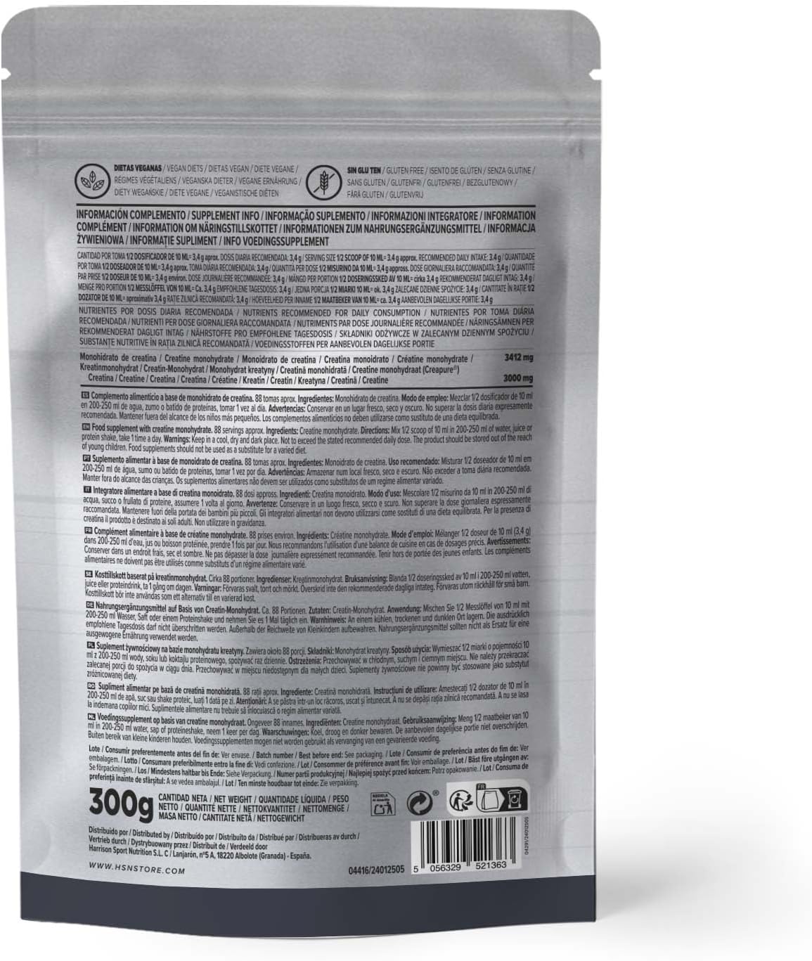 Creatina Excell 100% Pura HSN - em pó sem sabor 300 g | 100% monohidrato de creatina microfibra, não inclui doseador, sem adição e livre de poluentes, não-OGM Vegan, sem glúten