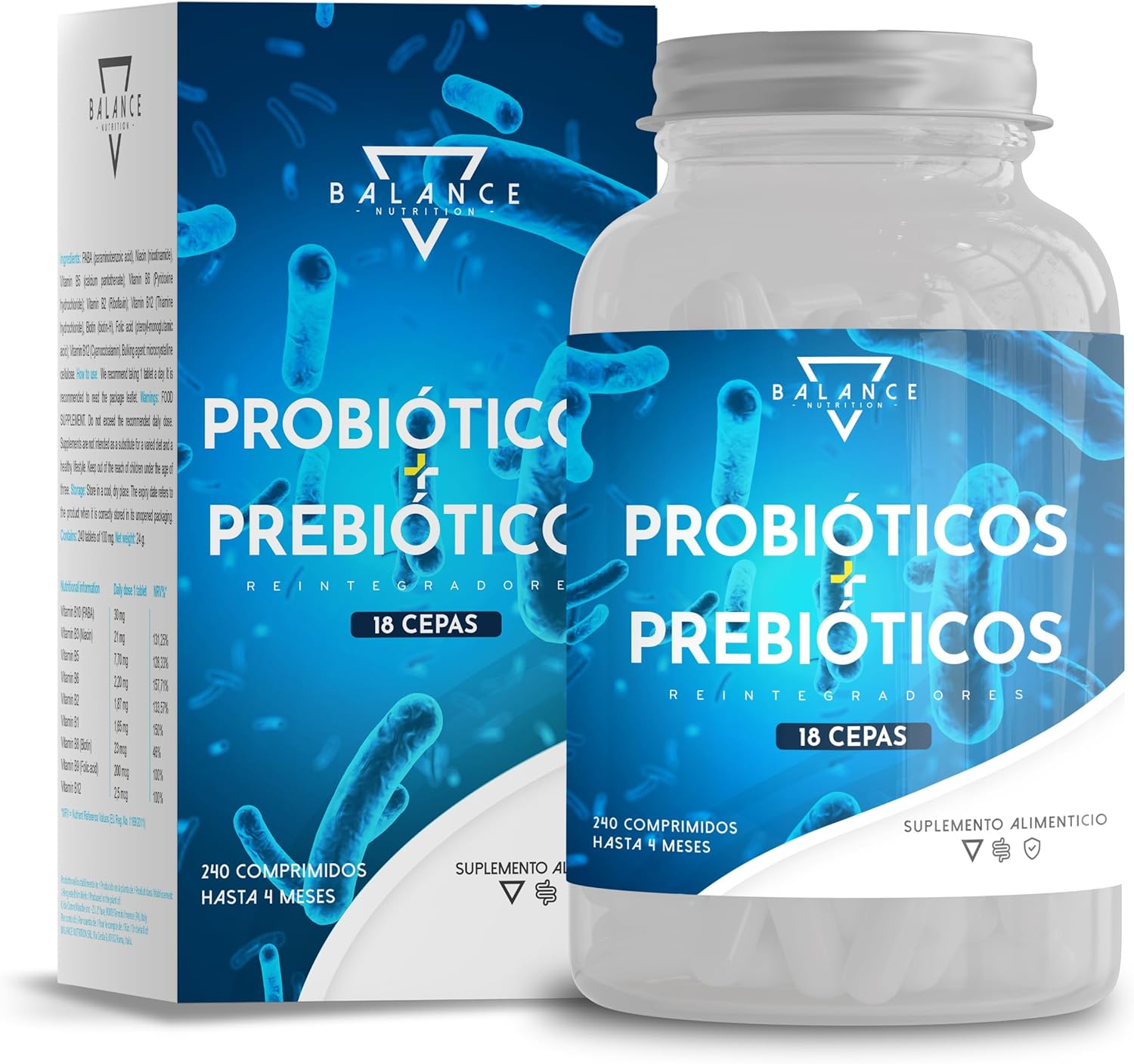 Probióticos e Prebióticos Balance - Probióticos INTESTINAIS - 240 CAPSUlas, Probióticos e pré-bióticos intestinais, espectro completo de 18 estirpes bacterianas incluídas, lactobacillus, enzimas digestivas, inulina | 10 mil milhões UFC