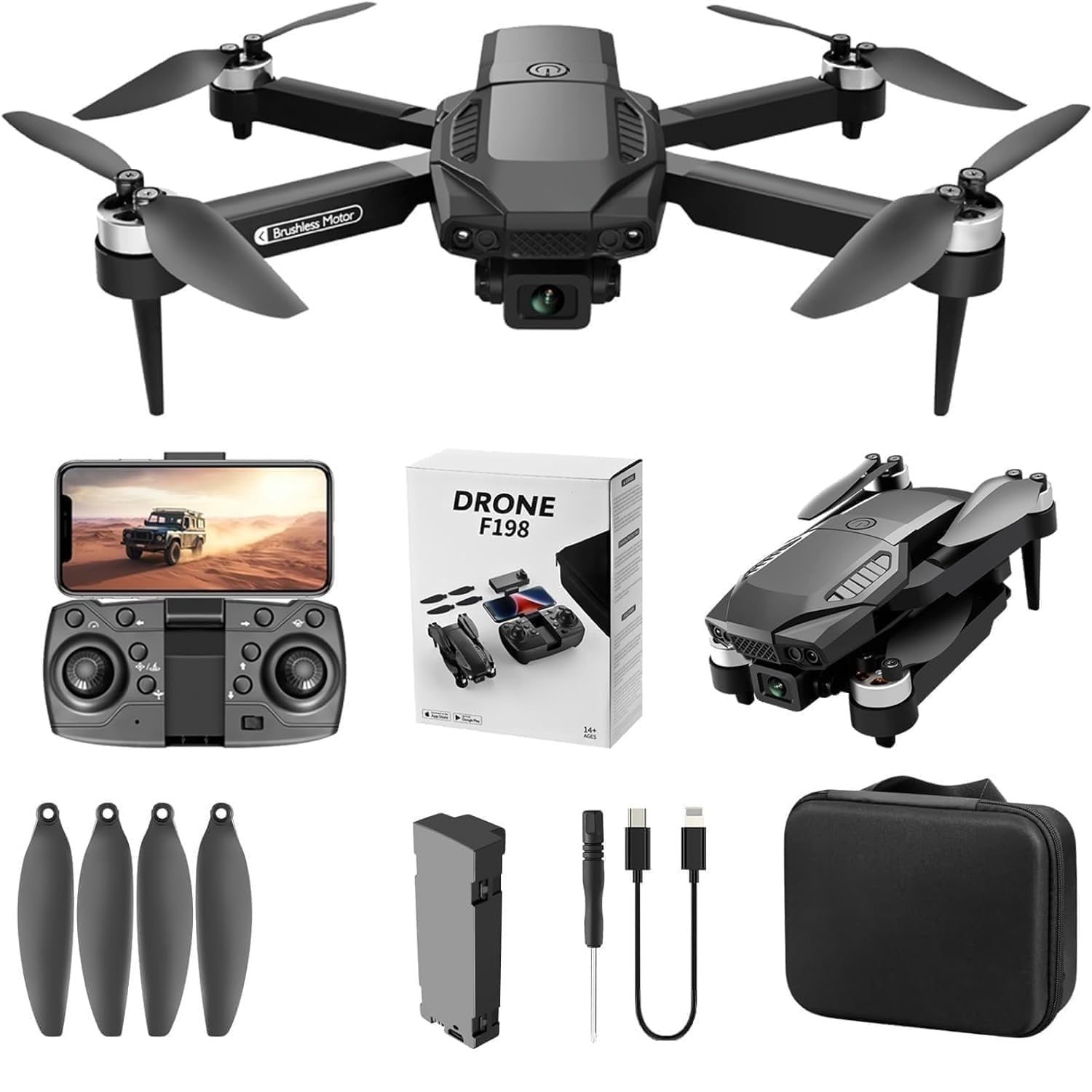 F198 Drone with 4K HD Dual Camera Brushless Motor, Wi-Fi FPV, 360° Flip, Gesture Selfie, Follow Me, One-Key Takeoff/Landing, GPS Positioning Long Flight Time Aerial Photography Drone