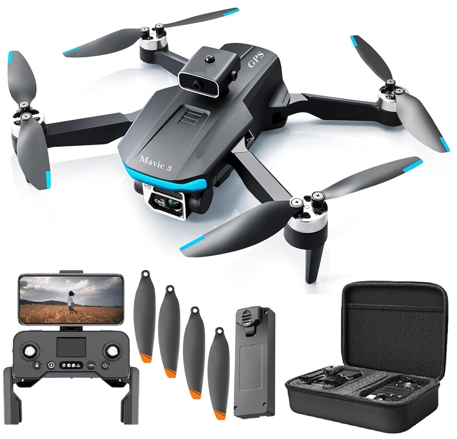 Amitasha Mavic 3 Remote Control Dual Camera GPS Drone 4k 1080p Obstacle Avoidance Wi-Fi Selfie Gesture RC Drone with Brushless Motor One Key Take-Off & Landing 3000mAh Battery 2 battery