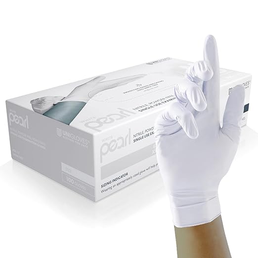Unigloves White Pearl Nitrile Examination Gloves - Multipurpose, Powder Free and Latex Free Disposable Gloves - Box of 100 Gloves, White, Extra Large (GP0025)