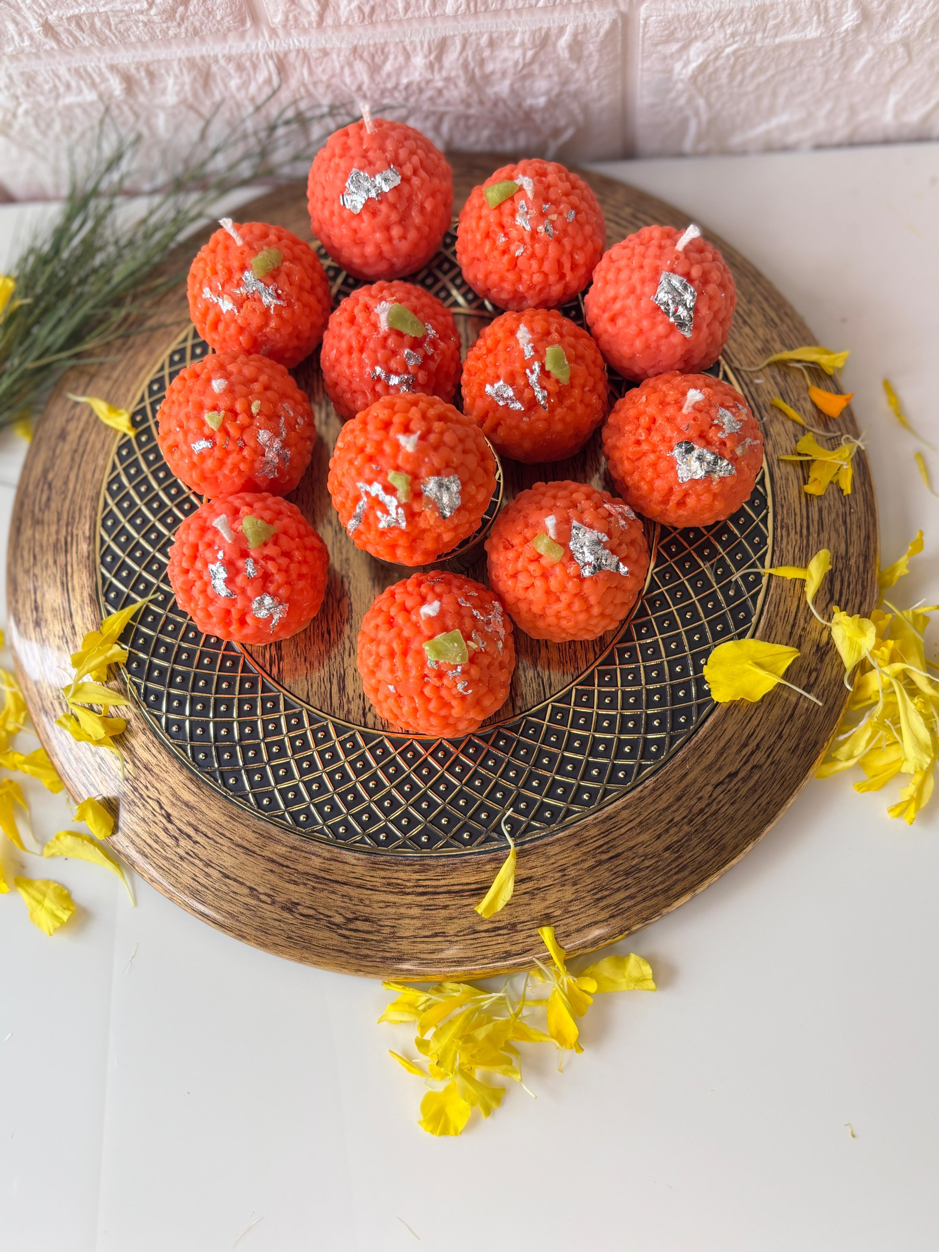 Ashglow Traditional motichoor  Ladoo Candles  in Saffron & cardamom fragrance for Festive Gifting, Home Decor, Diwali Gift Set 