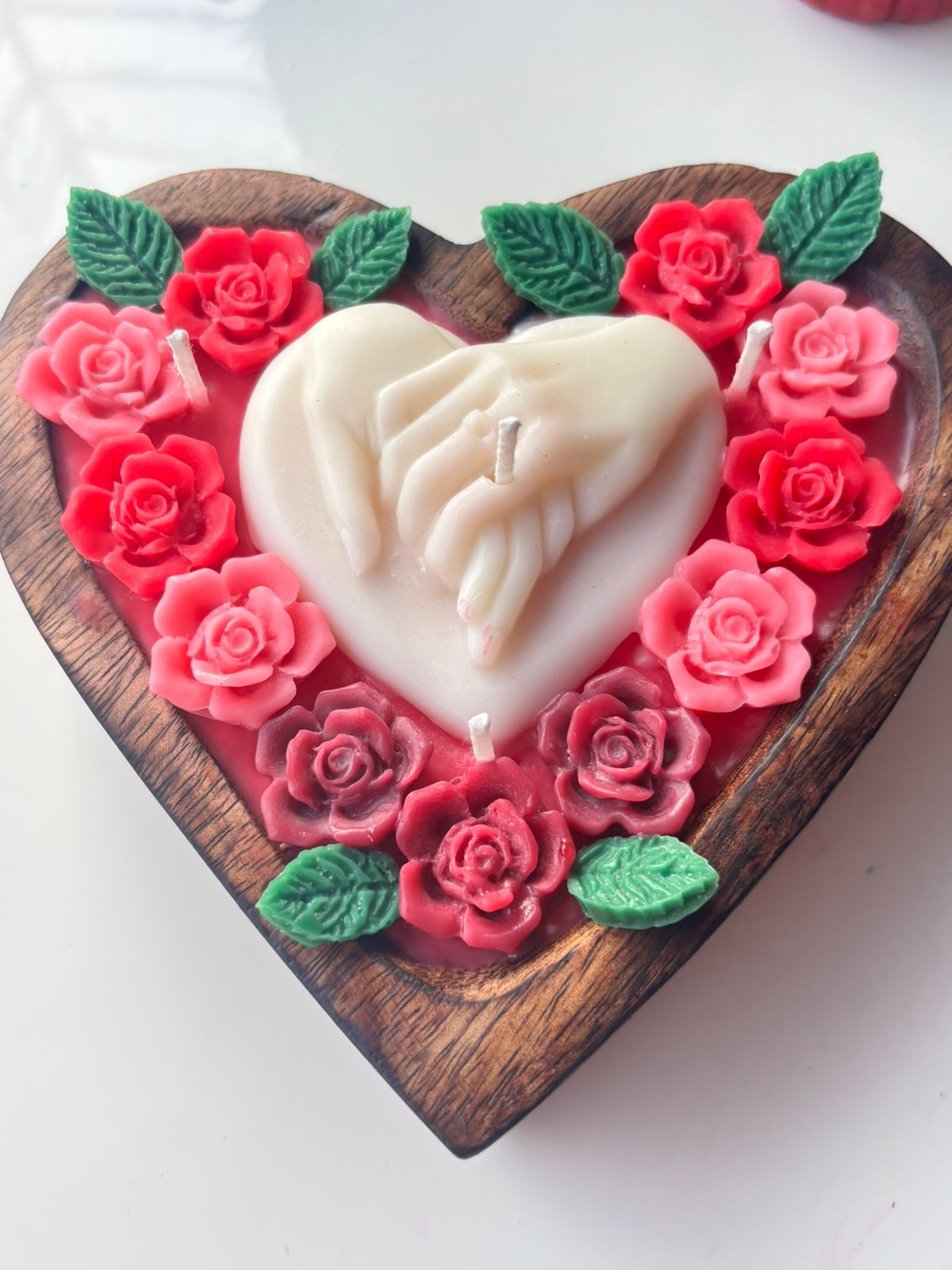 Ashglow Customizable Wooden Heart Candle – Handcrafted Floral Soy Wax with Hand-in-Hand Design | Gift for Valentine, Anniversary, or Proposal