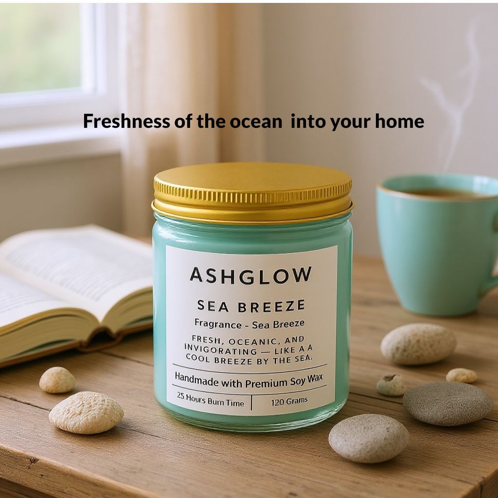 Ashglow Sea Breeze Scented Candle – Premium Scented Candle for Home Décor & Relaxation | Ideal Diwali Gifts for Family and Friends | Long-Lasting Scented Candles for Home