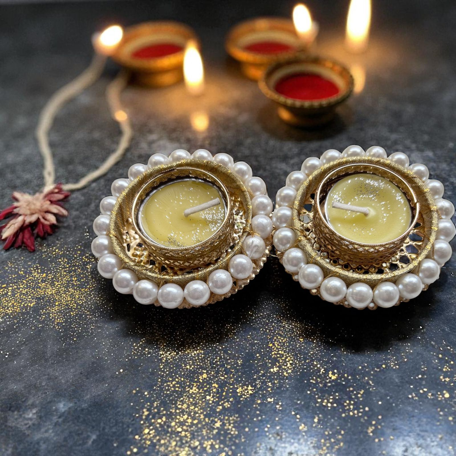 Ashglow Traditional Diya Holders/Candle Holders/Tea Light Holders with Pearls Embedded for Diwali Decoration/Festive Home Decoration Christmas New Year Decorations
